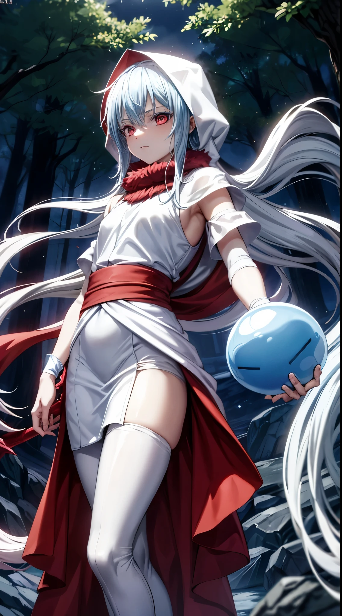 (an adult tensei shitara slime anime character) Rimuru Tempest, with prominent and piercing eyes of a (((scarlet red))), which exude an aura of cold determination and a sharp intelligence, (hair is light heavenly blue), flowing and smooth, neutral beak, cold gaze, reflecting an unshakable personality and an indomitable spirit, The white hood that covers the character's head adds a touch of mystery and nobility, complementing his enigmatic and powerful presence, complete character, {{{ setting in the forest}}}, white skin, highly detailed scenery,