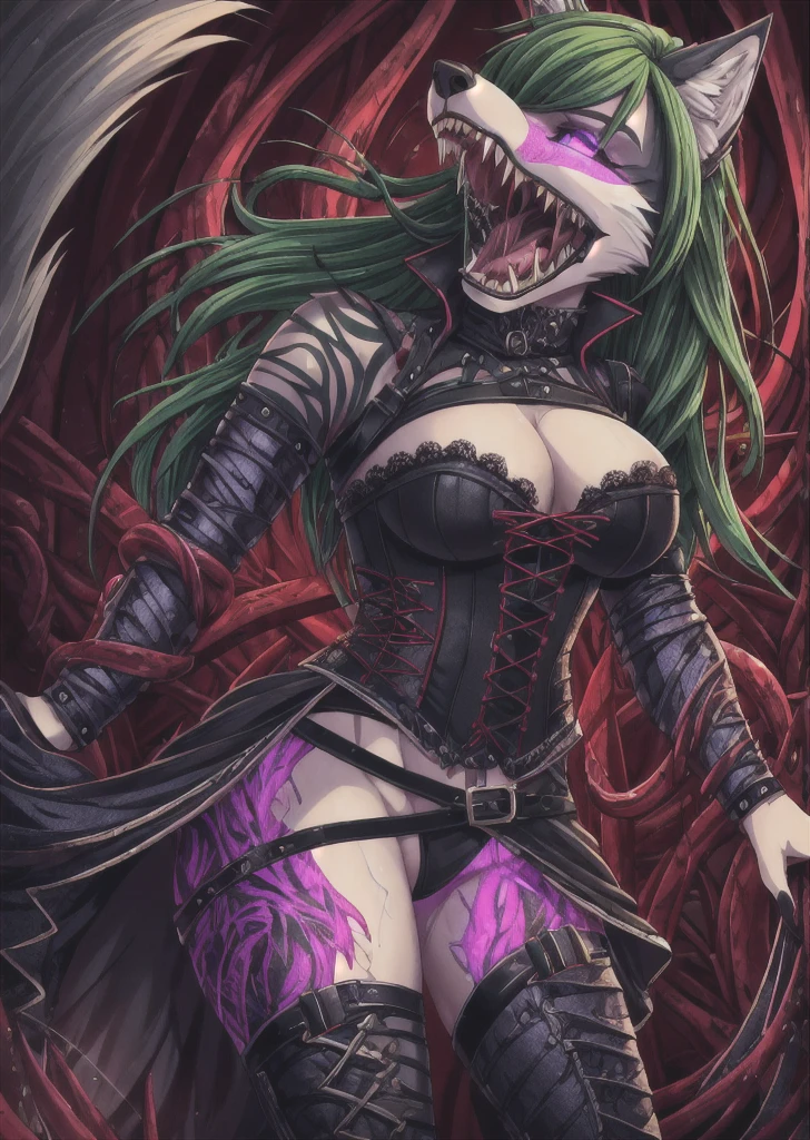 ((best quality, masterpiece, 4k, 8k, high res)), ((furry; Anthro Wolf)), moist, tentacles ripping through skin, glowing eyes, teeth and fangs, eldritch transformation, body horror, green hair, attacking, ferocious, fangs, full body, female werewolf, y, vibrant colors, (edgy punk hairstyle), knight armor, well-toned abs, Victorian dress, goth corset,