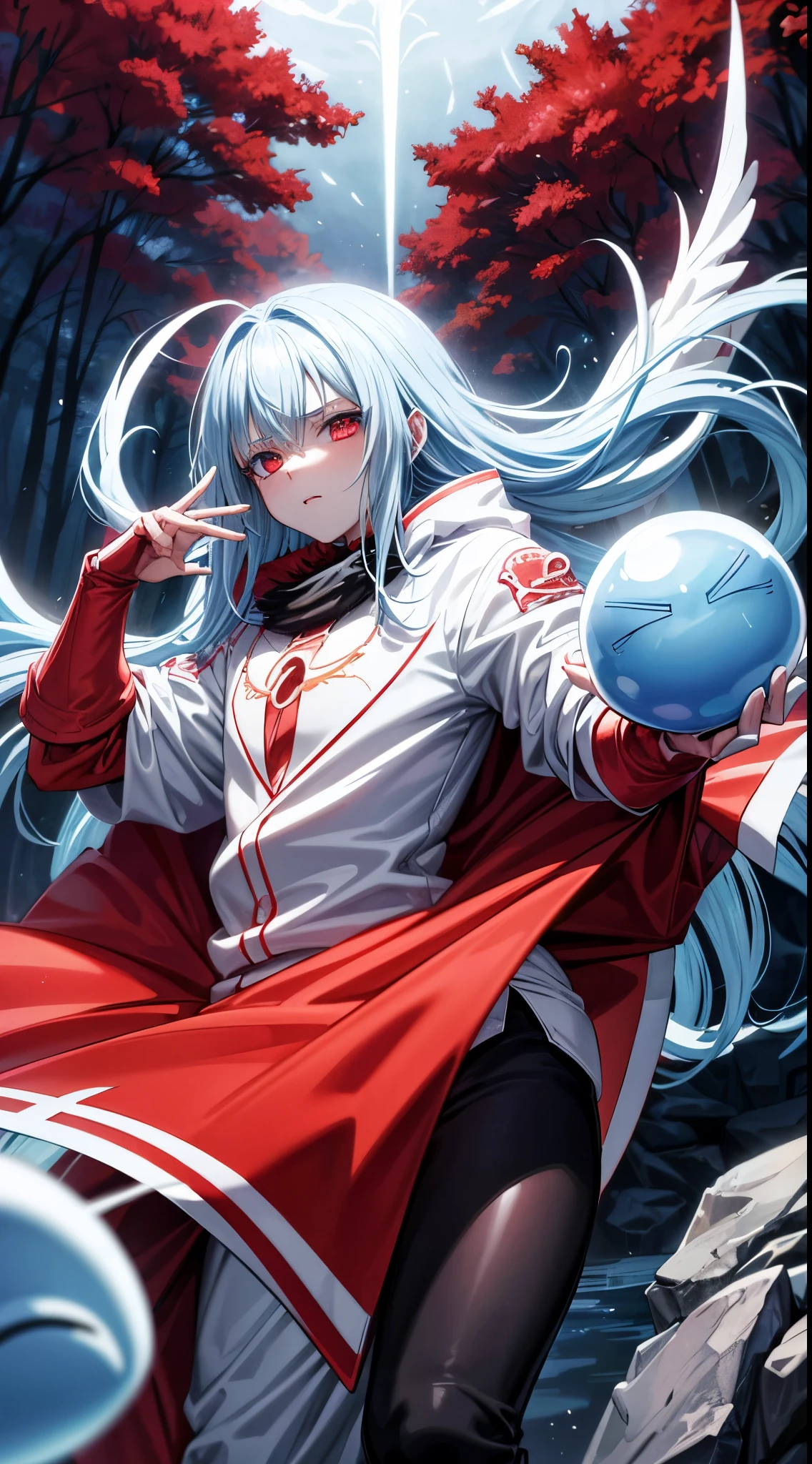 (an adult tensei shitara slime anime character) Rimuru Tempest, with prominent and piercing eyes of a (((scarlet red))), which exude an aura of cold determination and a sharp intelligence, (hair is light heavenly blue), flowing and smooth, neutral beak, cold gaze, reflecting an unshakable personality and an indomitable spirit, The white hood that covers the character's head adds a touch of mystery and nobility, complementing his enigmatic and powerful presence, complete character, {{{ setting in the forest}}}, white skin, highly detailed scenery,