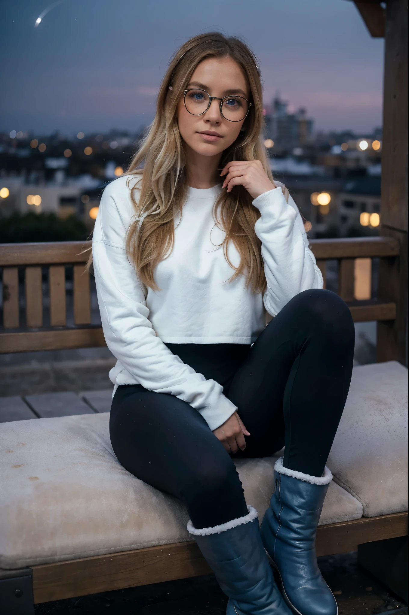 1woman, ombré blonde balayage hair, beautiful blue eyes, freckled face, circle glasses, off-white sweatshirt, seamless black leggings, black leggings, fuzzy faux fur boots, ugg style boots, night city background, sitting on bench, full body portrait, raw photo.