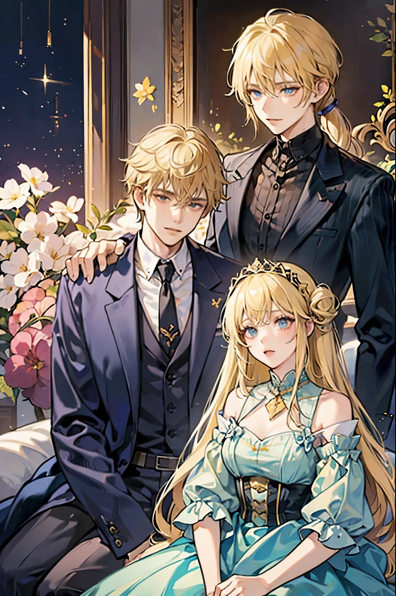 man and woman, couple, the guy is blonde, The woman has long hair, man in suit, Woman in a dress, Couple Pose, standing