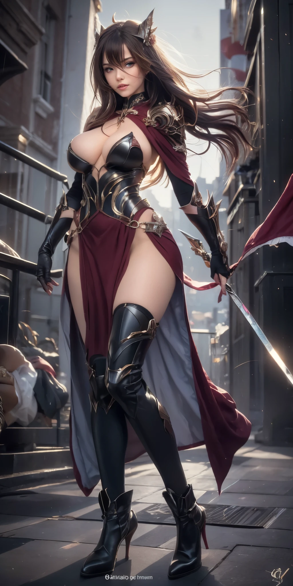 ((best quality, 8k, 32k, master piece, UHD: 1.2, professional photo, ultra realistic photo, masterpiece)), fantasy, Multi-angle, Close-up photo, ultra detailed photo, beauty warrior, sexy, erotic , pornography, (goddess of beauty), 1 girl, (wide legs, wide open, crouched showing pussy), pubic hair sticking out of micro panties, transparent micro panties stuck in pussy, ((large breasts, gigantic display: 1.2, long and pointy breasts , Long natural breasts sticking out of her cleavage, porn)), ((sexy body, curved body, naked body, fit body, six-pack abs, big pert ass)), Seraphina is a rider who likes to show off her sexy body, her pussy, her beautiful breasts and her secrets, her female private parts, her breasts exposed, exposed, transparent, her captivating beauty combines harmoniously with her exceptional sexual skill. (Her blue eyes shine with determination) while her colorful hair falls in soft waves over her shoulders. Dressed in finely crafted, very detailed clothing, sexy armor with gold details and jewels, she exudes a subtle sensuality.
(Seraphina is a desired warrior, the most beautiful of all women, The armor embraces the curves of her female body with elegance, everything perfect, everything detailed, perfectionist), Highlighting the breasts with sensuality. Delicate lines and intricate details add a touch of seduction to her presence. A flowing cape dances in the wind as she moves, adding an element of mystery and charm. (Her face is very beautiful, eye-catching, full lips, paint on her face, perfect woman).
armor and adjusted to highlight her femininity and muscular abdomen.
Seraphina is more than just a sexual figure; she is a formidable warrior with a magnetic aura that transcends the battlefield. Her charm lies in the unique combination of beauty, sensuality, pornography, everyone admires her for her erotic, naked appearance ((with transparent micro panties showing pussy)). environment: medieval, dark, thunder, lightning. (Mamas,seios, pussy)