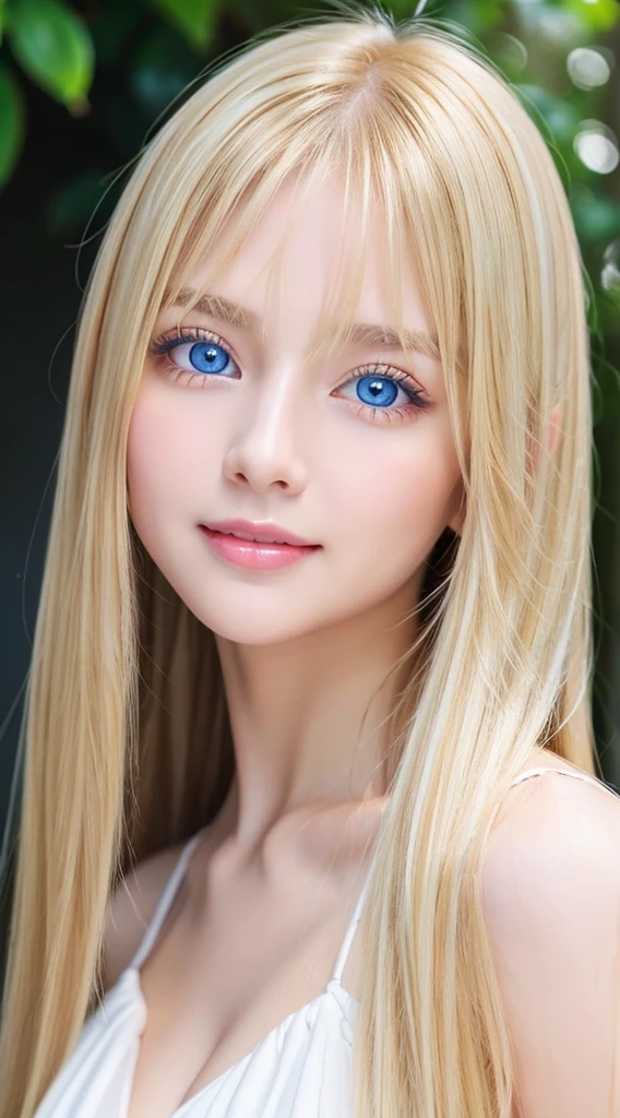 Beautiful silky skin、Smile in the middle、matchless beauty、exceptional sexy beauty、Beautiful calm and bright expression、super long blonde silky hair、long bangs hanging down in the center of the face、blonde between the eyes、Sexy refreshing appearance、Perfect beautiful cute face with shiny bright glossy blonde silky hair、beautiful face blonde、Very cute beautiful sexy young little woman、Very perfect beautiful cute face、Beautiful cute big clear bright light blue eyes、Very beautiful bright light blue big eyes、very big eyes、Very bright white young beautiful skin、Gloss Face、Teak Gloss、cheek highlights