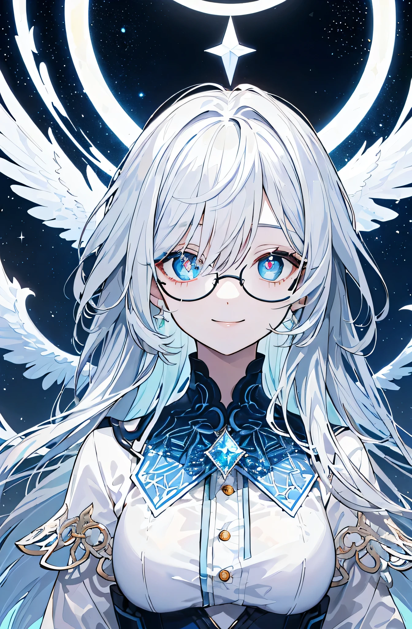 ((​masterpiece、top-quality、Official art、Beautifully Aesthetic:1.2))、(the golden ratio:1.2)、(ultra-detailliert:1.3)、(1girl in:1.3)、(Fractal Art:1.3)、(Glitter pupils)、((Half Blue:1.2、Half dark blue:1.5))、(heterochromia iridilue right eye and light blue left eye)、((A smile))、(Hyper-detailing), ((delicate detail)), (intricate detailes), ((ciinematic light, best quality backlight)), ((The best lighting, extremely delicate and beautiful)), (ray trace reflection、brilliance)、((glowing aura))、((Radiant hair))、((The ultra-detailliert))、((night sky full of stars))、(Shining eyes:1.5),(Crystal pupil:1.2),(Big eyes)、(Crystals in the eye),(Round glasses)、((High School Uniformeautidful eyes))、((shinny hair))、((Glossy hair))、Light reflected in the hair