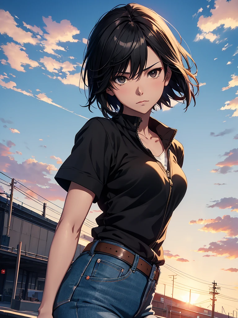 High resolution 8K, NSFW, Anime style, Film Portrait Photography, 1woman, dynamic angle, dynamic pose, slender face, Beautiful Women, (((Black eyes, Short bob hair, Black hair))), adult lady, Wear jeans, anime characters in a scene with a sky background, your name movie style, Stills in TV anime, yourname, fiona staples and makoto shinkai, makoto shinkai and bioware, guweiz and makoto shinkai, anime still image, Animated film stills, anime movie screenshot, (Natural skin texture Vibrant details, hyper realistic)