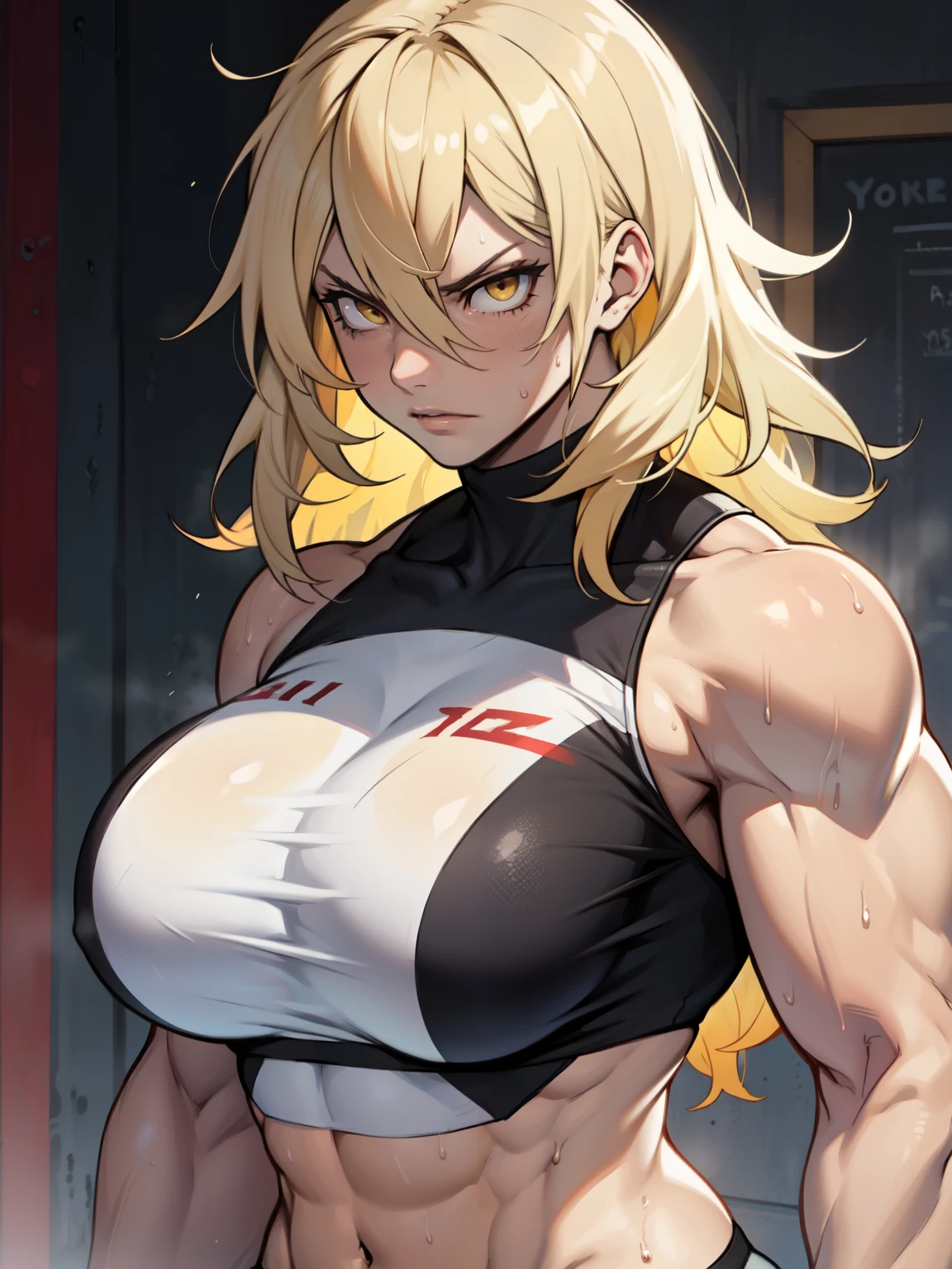 angry (muscular girl toned body massive breasts) yellow eyes hair between eyes pale skin sweaty