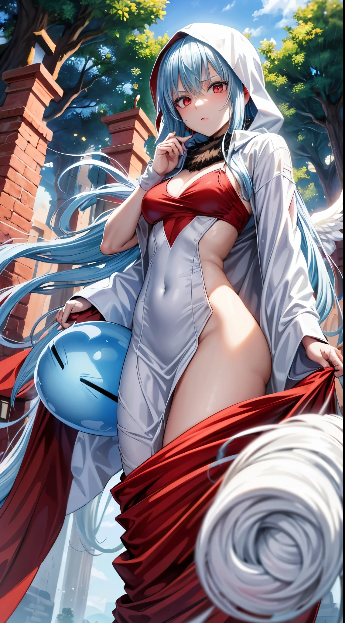 (an adult tensei shitara slime anime character) Rimuru Tempest, with prominent and piercing eyes of a (((scarlet red))), which exude an aura of cold determination and a sharp intelligence, (hair is light heavenly blue), flowing and smooth, neutral beak, cold gaze, reflecting an unshakable personality and an indomitable spirit, The white hood that covers the character's head adds a touch of mystery and nobility, complementing his enigmatic and powerful presence, complete character, {{{ setting in the forest}}}, white skin, highly detailed scenery,