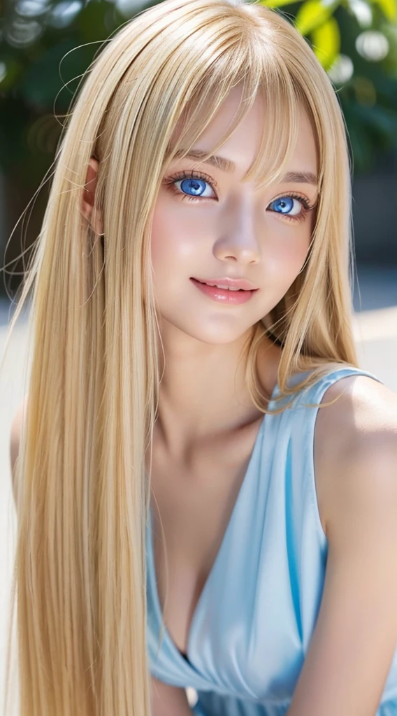 Beautiful silky skin、Smile in the middle、matchless beauty、exceptional sexy beauty、Beautiful calm and bright expression、super long blonde silky hair、long bangs hanging down in the center of the face、blonde between the eyes、Sexy refreshing appearance、Perfect beautiful cute face with shiny bright glossy blonde silky hair、beautiful face blonde、Very cute beautiful sexy young little woman、Very perfect beautiful cute face、Beautiful cute big clear bright light blue eyes、Very beautiful bright light blue big eyes、very big eyes、Very bright white young beautiful skin、Gloss Face、Teak Gloss、cheek highlights