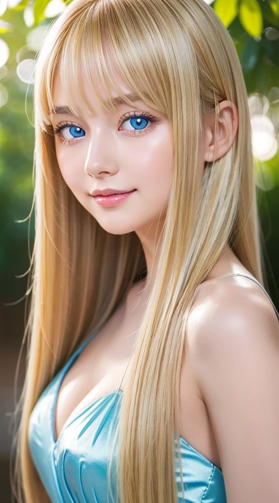 Beautiful silky skin、Smile in the middle、matchless beauty、exceptional sexy beauty、Beautiful calm and bright expression、super long blonde silky hair、long bangs hanging down in the center of the face、blonde between the eyes、Sexy refreshing appearance、Perfect beautiful cute face with shiny bright glossy blonde silky hair、beautiful face blonde、Very cute beautiful sexy young little woman、Very perfect beautiful cute face、Beautiful cute big clear bright light blue eyes、Very beautiful bright light blue big eyes、very big eyes、Very bright white young beautiful skin、Gloss Face、Teak Gloss、cheek highlights