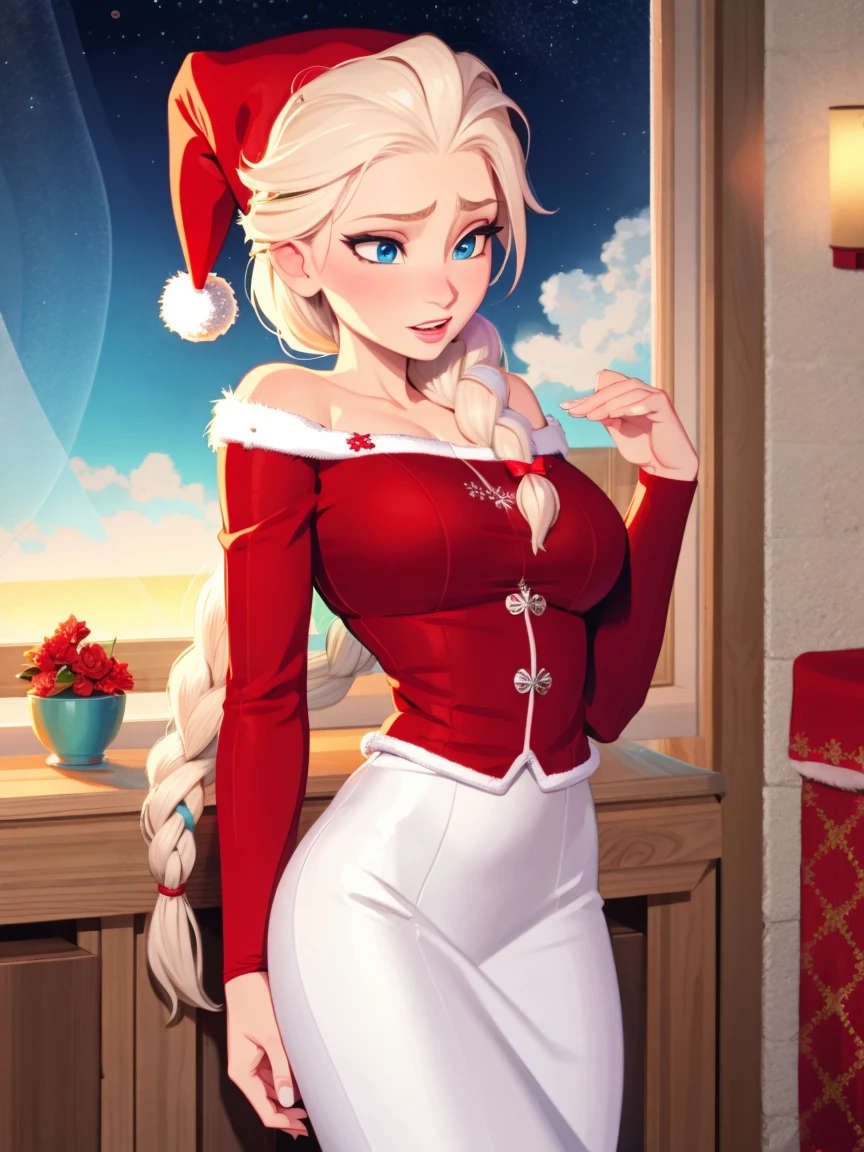Elsa of arendelle, single braid, white hair, FROZEN, santa outfit, detailed, masterpiece, frozen, disney, elsa of arendale, santa outfit, christmas, santa hat, sexy, seductive, christmas tree, nsfw, christmas tree in background, thighs, seductive pose, beautiful, looking at viewer, slight smirk