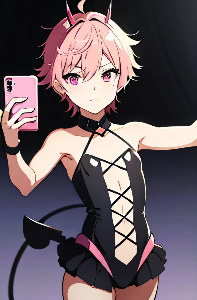 there is a cartoon picture of feminine boy with short pink hair, anime moe artstyle, 1 7 - year - old anime, in an anime style, demon femboy, flat anime style, cute, crossdresser, femboy body, sexy outfit, doing a cute pose, taking a selfie