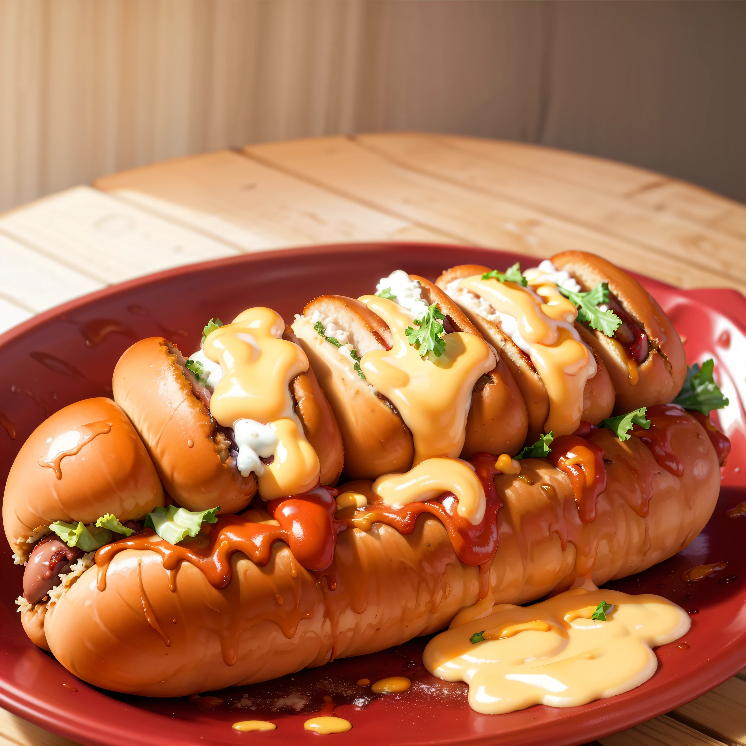 masterpiece, high quality, best quality, hot dog, ketchup and mustard, foodphoto,