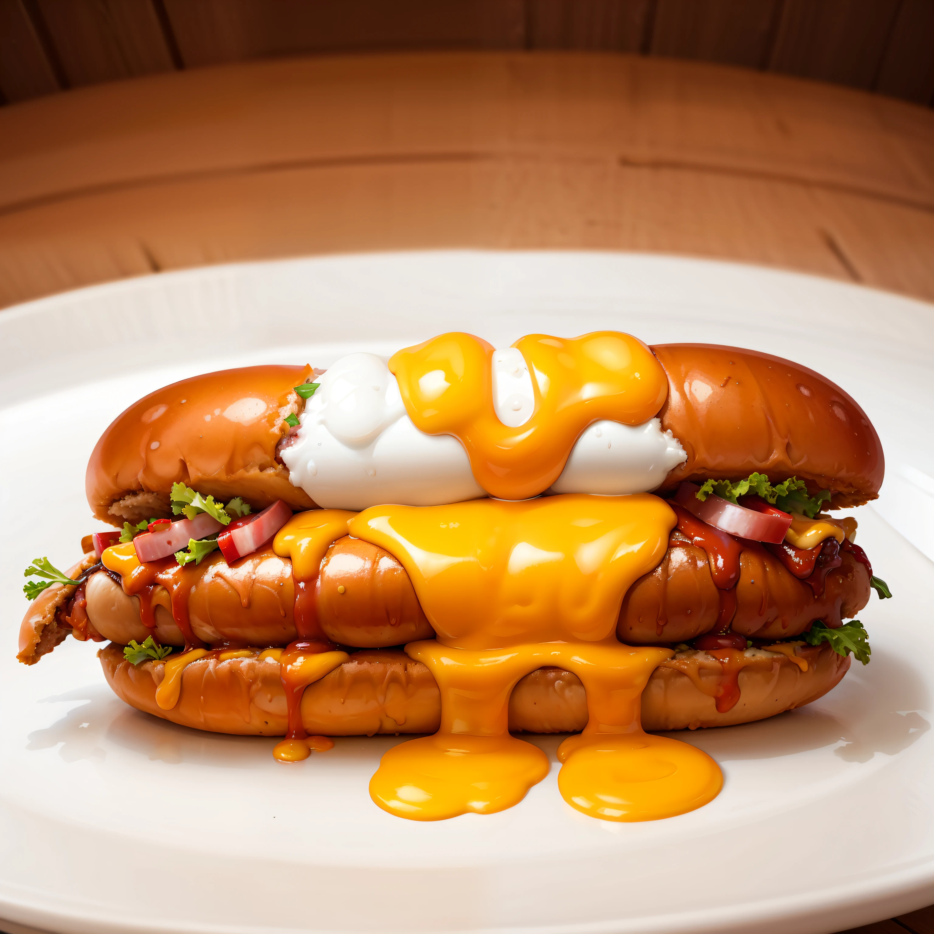masterpiece, high quality, best quality, hot dog, ketchup and mustard, foodphoto,
