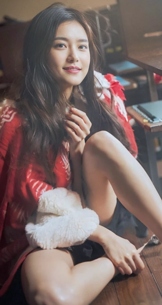 (On a table, Best quality, realistically, ultra - detailed, meticuloso, A high resolution, 8k wallpaper), Close-up portrait of a beautiful woman, Chariada, Smiling, light brown messy hair, Perfect dynamic composition, 美丽meticuloso的眼睛, Just like the cover of a fashion magazine, On campus