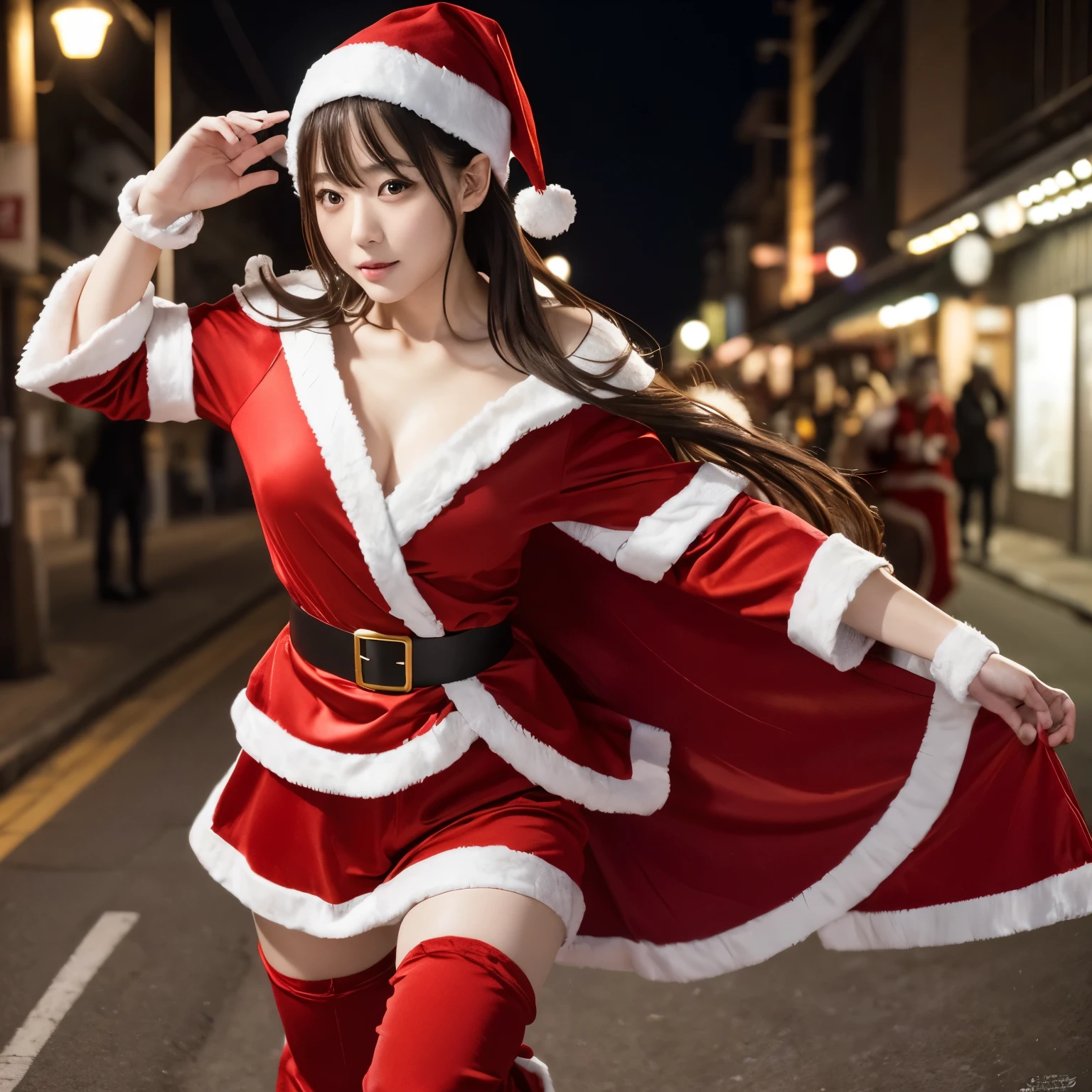 Best-quality, Masterpiece, Ultra-High-Resolution, (Photorealistic:1.4), Raw-Photo, Extremely-Details, Perfect-Anatomy, 1girl, 30-years-old, the most famous Japanese actress, (((wearing Santa-Craus's long-length-costume))), running on deserted street at midnight, extremely beautiful face like a most popular Japanese actress,. extremely beautiful big-black-solid-circle-eyes, extremely beautiful realistic-skins, detailed Santa-Craus's-long-costume