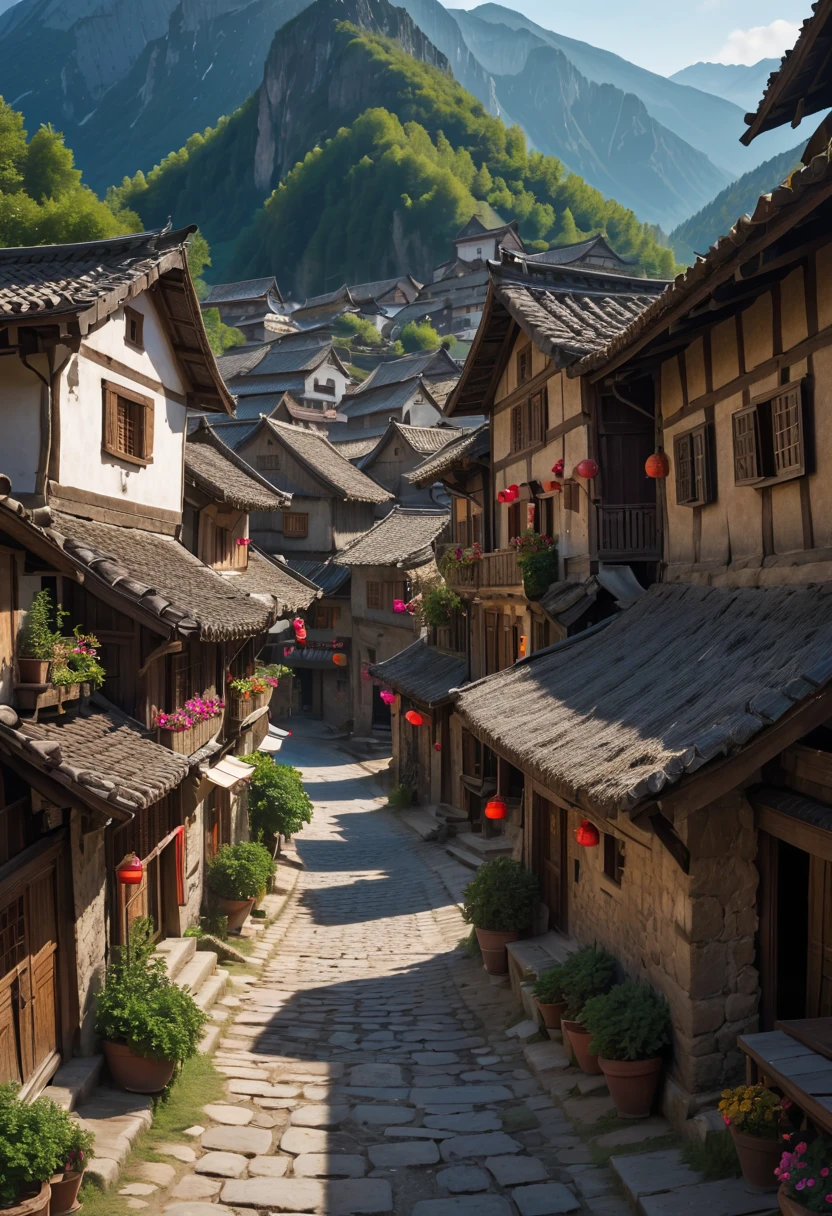 ancient mountain village town center lively