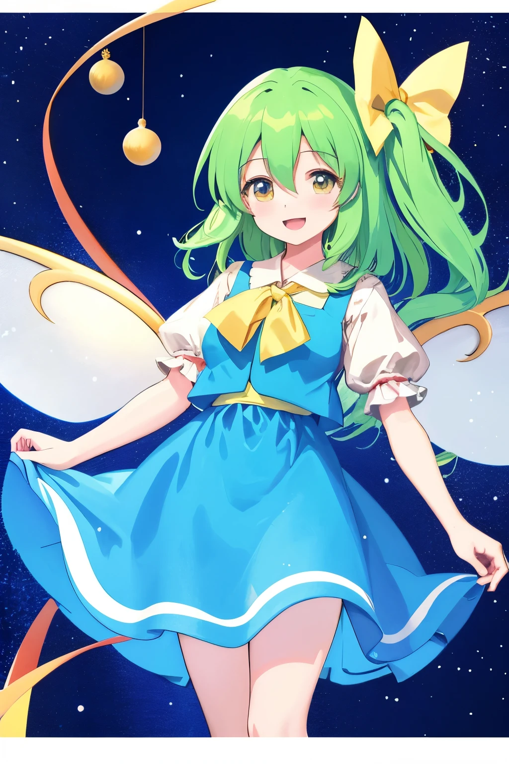 anime girl in a blue dress and yellow ribbon, daiyousei from touhou, from touhou, an anime portrait of daiyousei, daiyousei touhou, daiyousei, fairy, official artwork, touhou project, smiling as a queen of fairies, li, anime moe artstyle, christmas style; snow; christmas tree; christmas presents