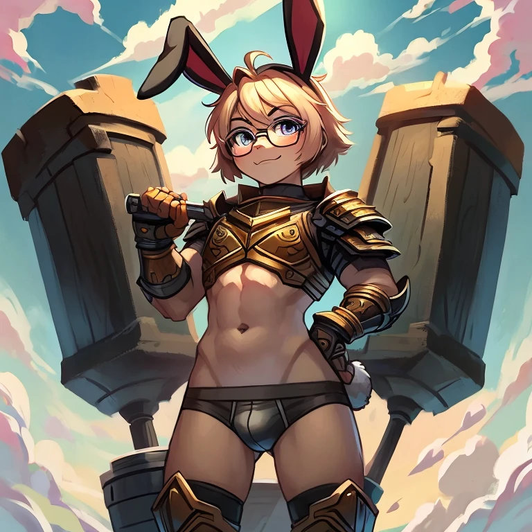 Bunny boy wearing glasses  armor briefs hammer