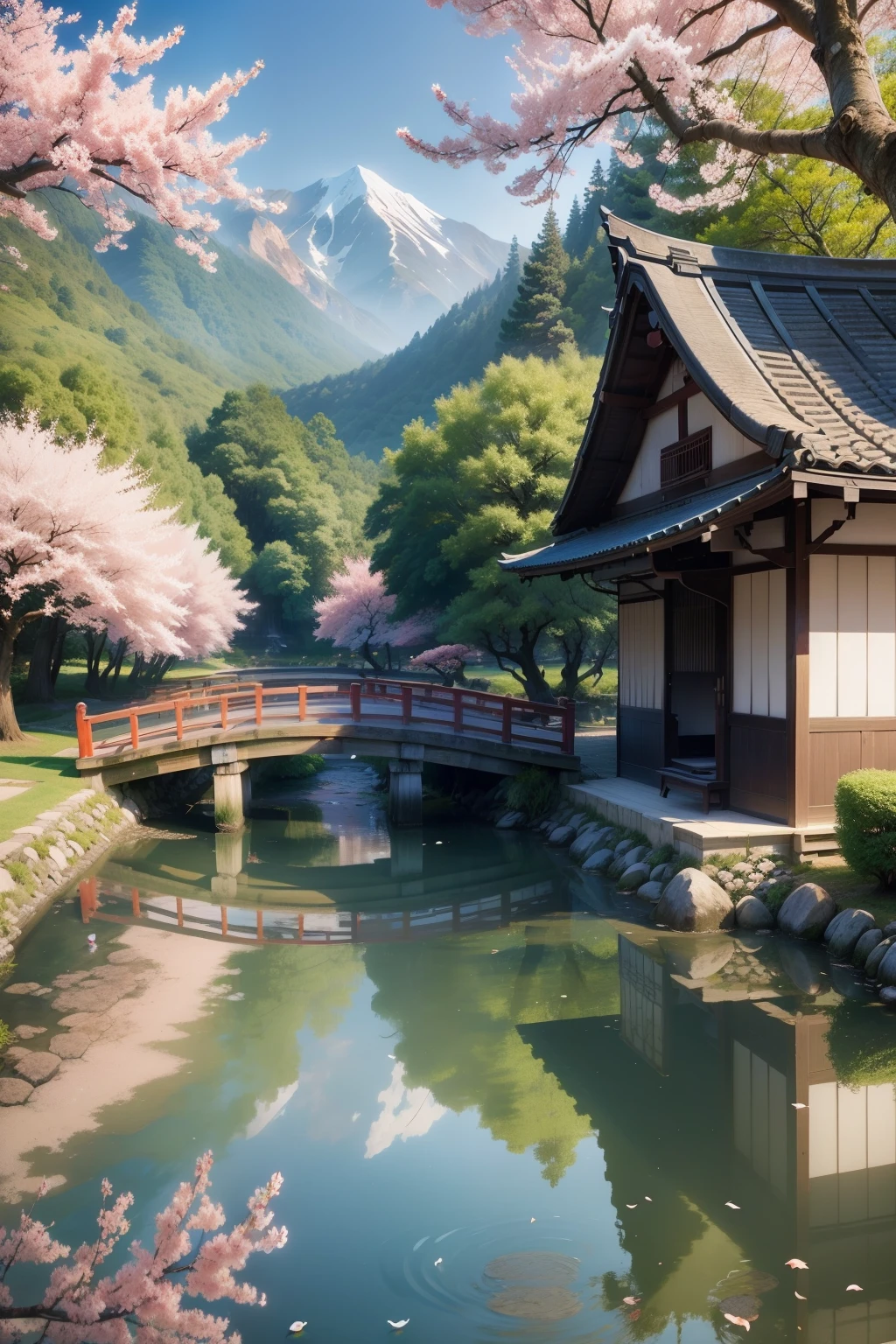 at dawn, cherry trees, Old Japanese settlement by the lake, surrounded by blue water, small bridge and flowing water, Antique Colors, Floral fragrance, Warm as jade, Birds singing and flowers, water city painting, Leisurely, Real Photography, 16K resolution