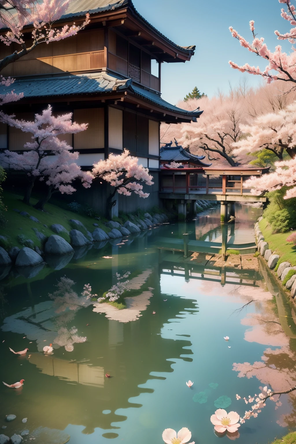 at dawn, cherry trees, Old Japanese settlement by the lake, surrounded by blue water, small bridge and flowing water, Antique Colors, Floral fragrance, Warm as jade, Birds singing and flowers, water city painting, Leisurely, Real Photography, 16K resolution