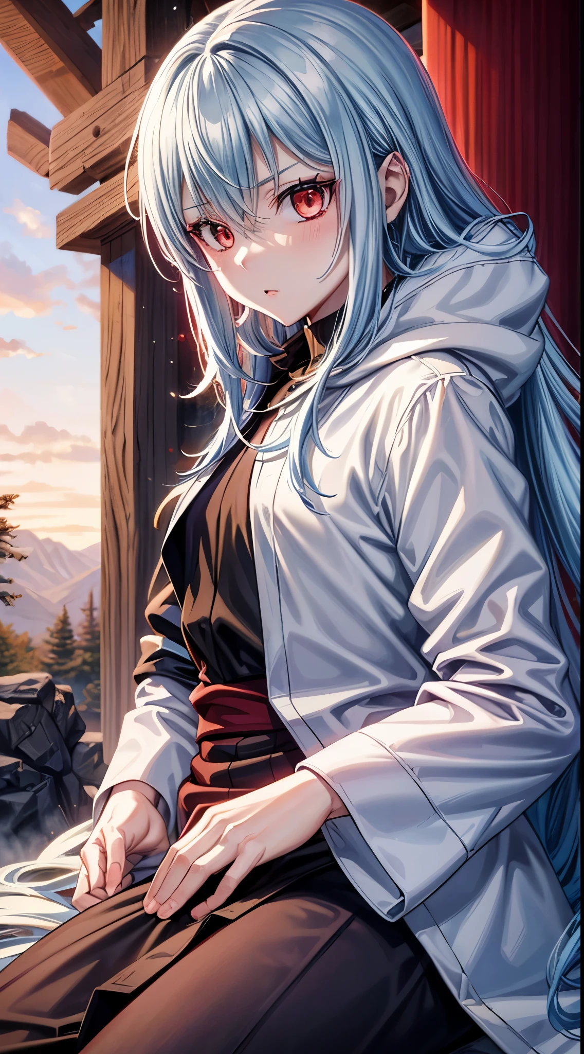 (an adult tensei shitara slime anime character) Rimuru Tempest, with prominent and piercing eyes of a (((scarlet red))), which exude an aura of cold determination and a sharp intelligence, (hair is light heavenly blue), flowing and smooth, neutral mouth, cold gaze, reflecting an unshakable personality and an indomitable spirit, The white hood that covers the character's head adds a touch of mystery and nobility, complementing his enigmatic and powerful presence, complete character, {{{ setting in the forest}}}, white skin, highly detailed scenery, (student outfit), (checkered skirt)