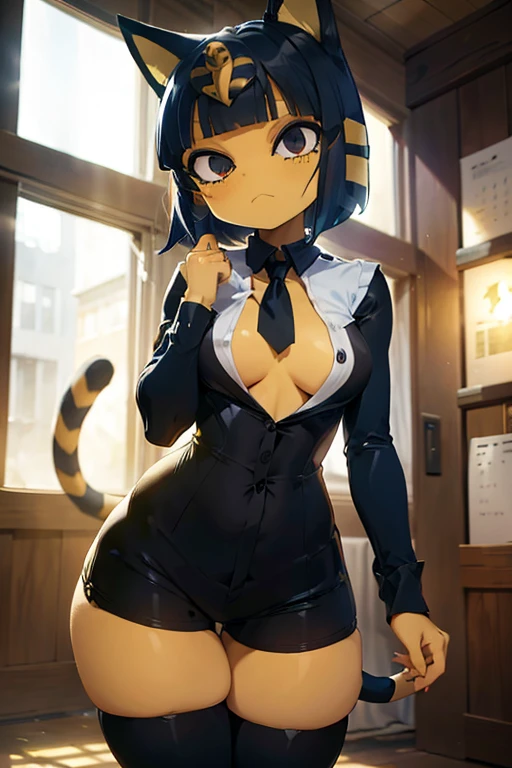 ankha, anime style, catgirl, cat ears, yellow fur, blue hair, blue cat tail, yellow stripes tail, shorts hair, wide hips, thick thighs, huge round ass, medium breast, business suit, formal suit, white shirt, long sleeve black formal suit, black necktie, black strict trouser, secretary pose, office, absurdres, high res, ultrasharp, 8K, masterpiece, looking at viewer