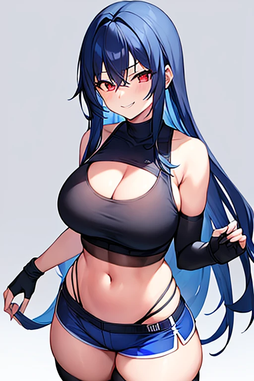 1girl, blue hair, dark blue hair, long hair, red eyes, long hair, breasts, large breasts, wide hips, thick thighs, sportswear, sports bra, black sports bra, blue trim, shorts, highleg panties, fingerless gloves, black thighhighs, thighhighs, gloves, highleg, smile, smirk, smug