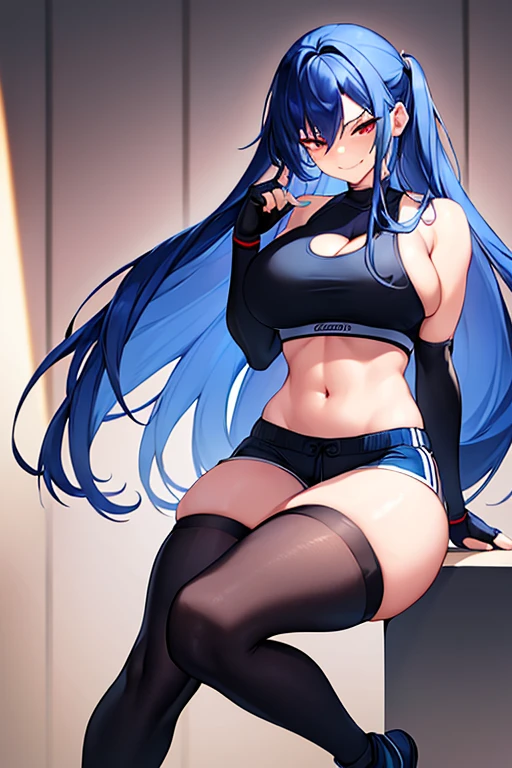 1girl, blue hair, dark blue hair, long hair, red eyes, long hair, breasts, large breasts, wide hips, thick thighs, sportswear, sports bra, black sports bra, blue trim, shorts, highleg panties, fingerless gloves, black thighhighs, thighhighs, gloves, highleg, smile, smirk, smug