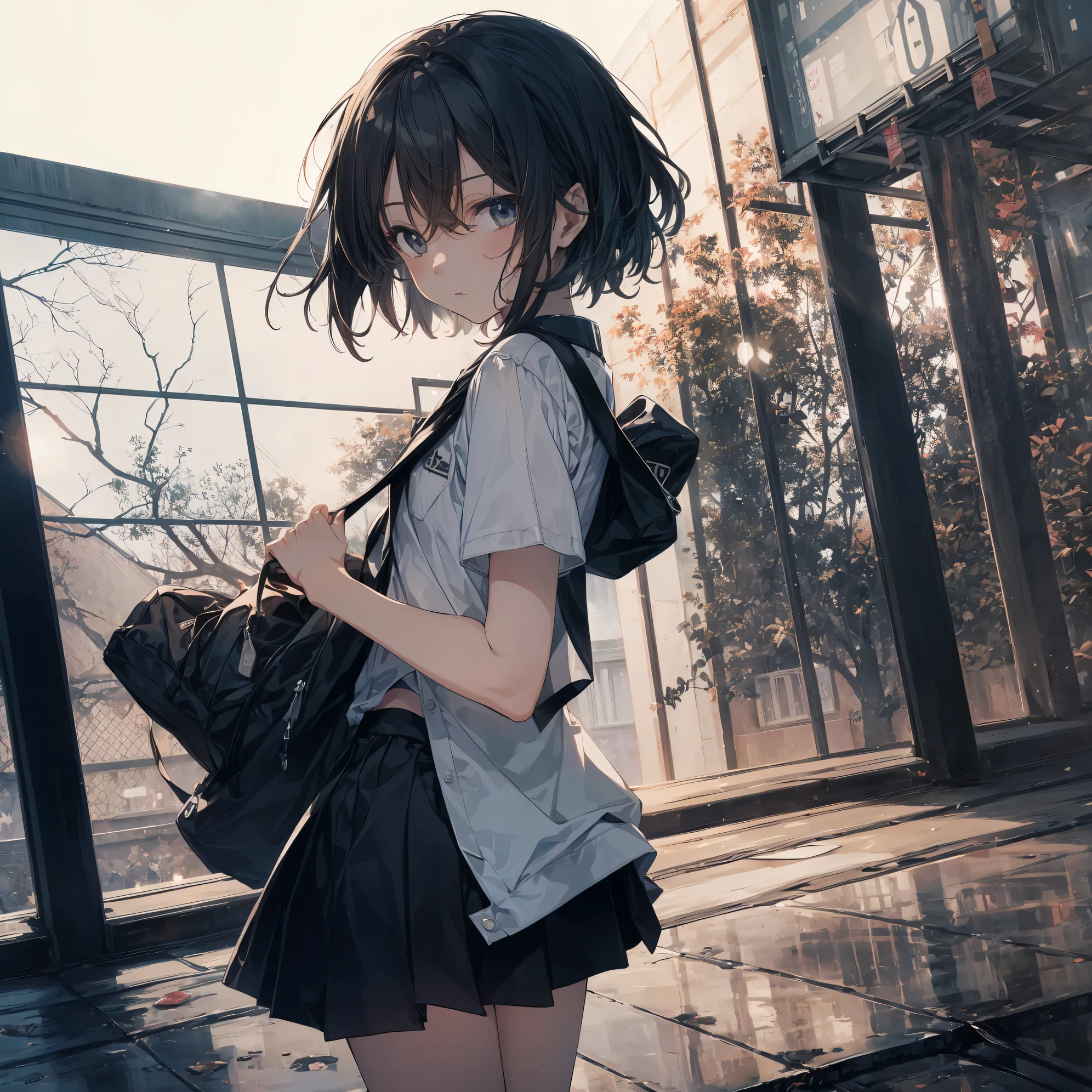 Super high quality by the art god, Ultra-detailed, High resolution, Shinkai Makoto style, anime moe art style, best anime 8K konachan wallpaper, Pixiv Contest Winner, Perfect Anatomy, BREAK,(Please draw a sleepy girl going to school alone.. ),BREAK, a hyperrealistic schoolgirl, (Solo,Lori,child,13years:1.3),Full limbs, complete fingers,a junior high school student, Androgynous attraction, (Very short hair), hair messy, flat chest, Small butt, groin, Small eyes,Beautiful detailed black eyes, Well-proportioned iris and pupils, disgusted eye, High resolution detailed hair, School uniform, Skirt, On the way to school. BREAK,Ultra-detailed細なスキン, Best lighting by famous artists, 8K,Cute illustration,