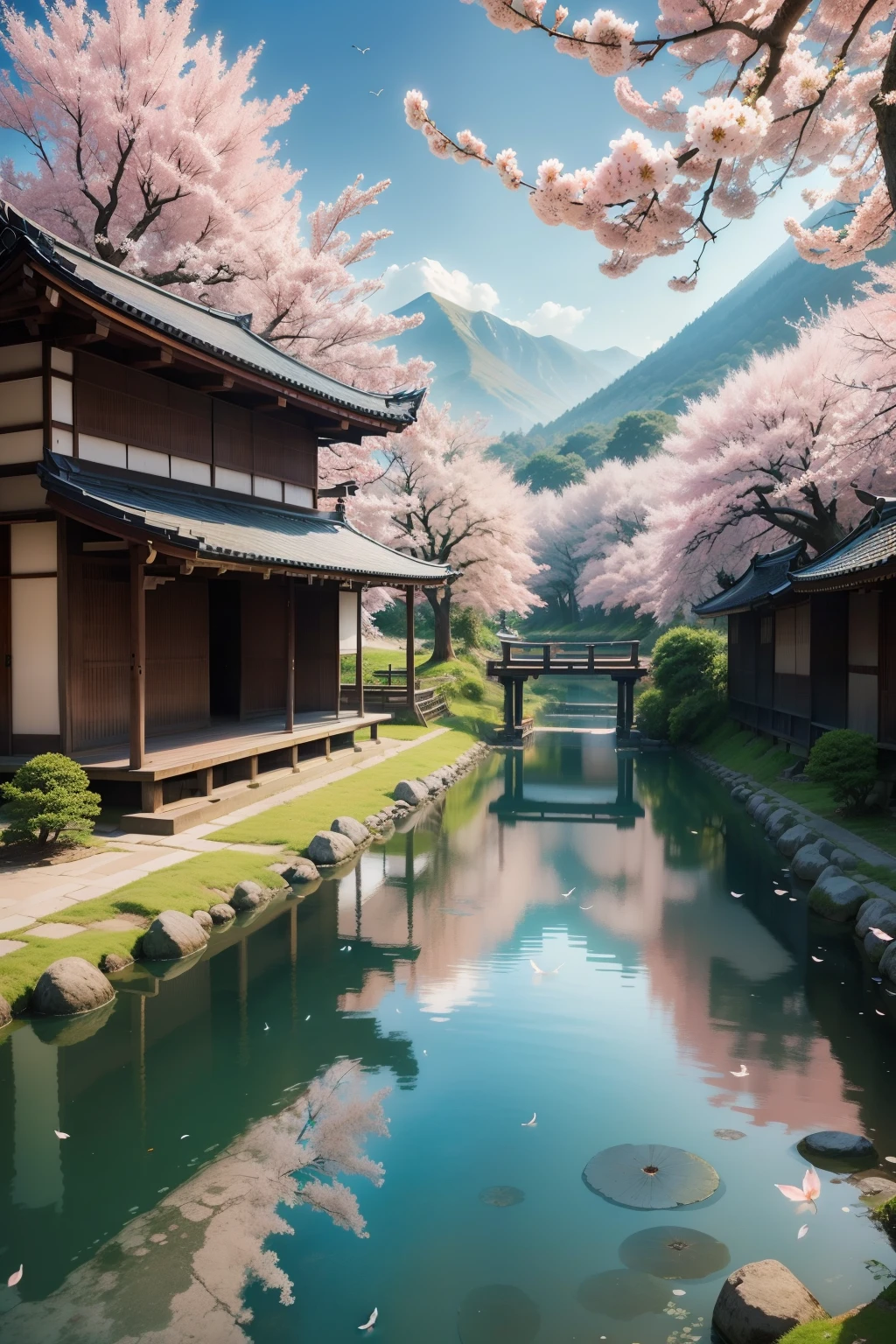 at dawn, cherry trees, Old Japanese settlement by the lake, surrounded by blue water, small bridge and flowing water, Antique Colors, Floral fragrance, Warm as jade, Birds singing and flowers, water city painting, Leisurely, Real Photography, 16K resolution