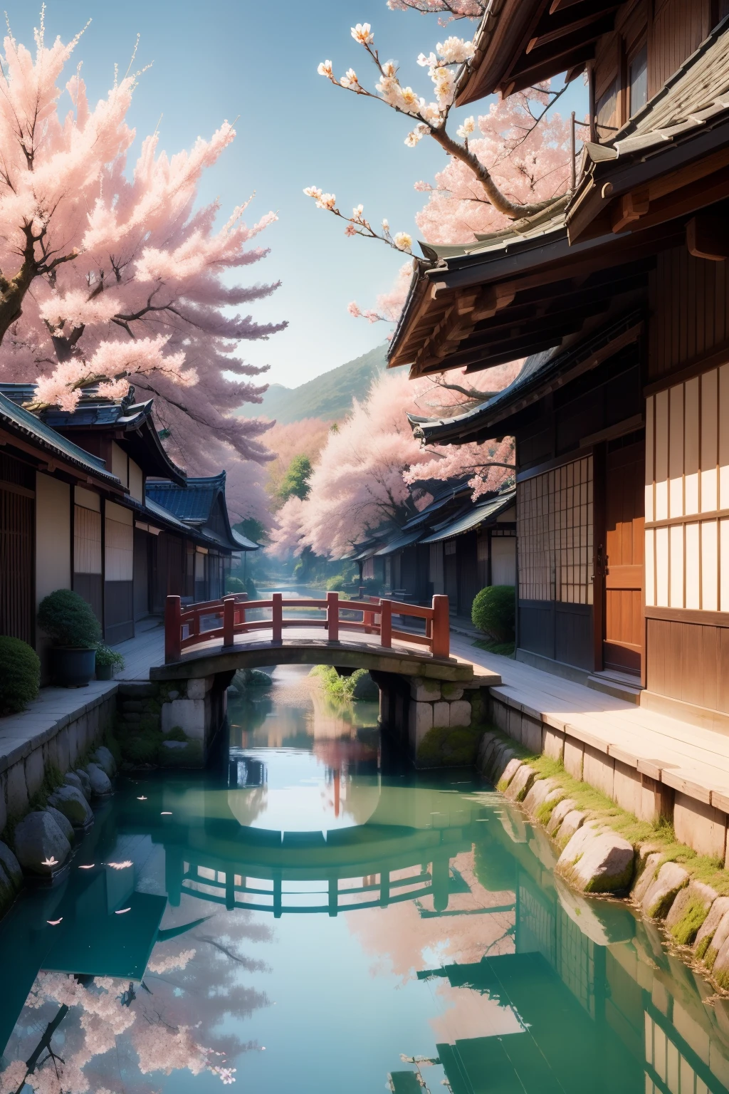 at dawn, cherry trees, Old Japanese settlement by the lake, surrounded by blue water, small bridge and flowing water, Antique Colors, Floral fragrance, Warm as jade, Birds singing and flowers, water city painting, Leisurely, Real Photography, 16K resolution