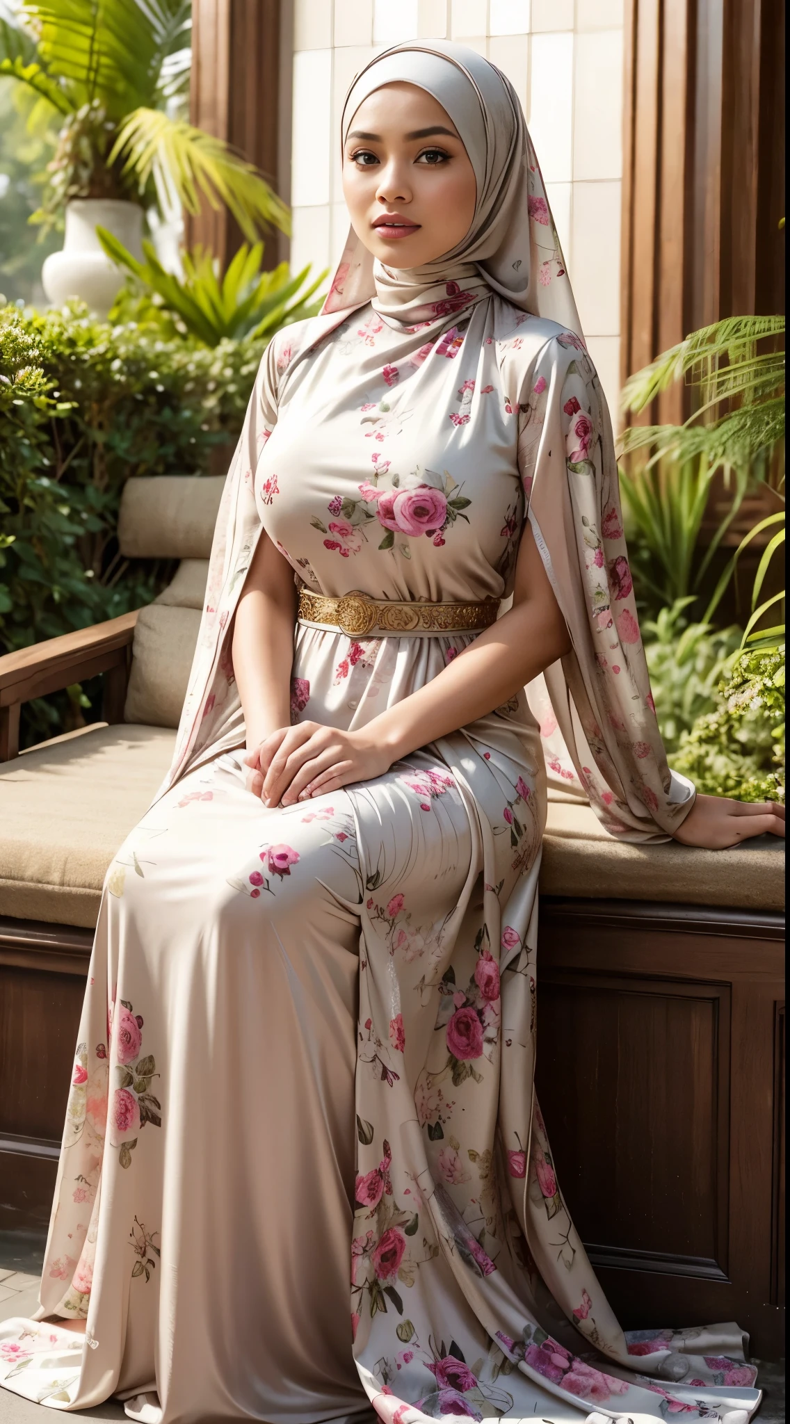 ( Close Up),RAW, Best quality, high resolution, masterpiece: 1.3), beautiful Malay woman in hijab,Masterpiece, perfect fit body, (big breast),big gorgeous eyes, Soft smile,thick thighs, beutifull face, sitting, woman wearing a long dress with a floral print on it, modest flowing gown,, masterpiece, jungle gown, sophisticated dress, soft silk dress, floral art novuea dress, long dress female, full covered dress, romantic dress, flowing dress, elegant dress, beautiful soft silky dress, beautiful silky dress, masterpiece!!!, masterpiece' , (Delicate turtleneck) , shairband, afternoon walk, City garden, Excellent lighting, Bright colors, Clean lines
