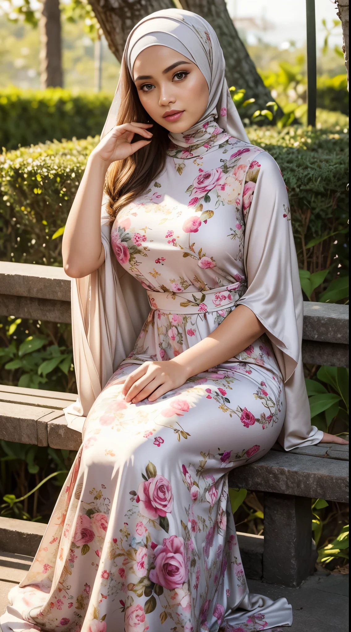 ( Close Up),RAW, Best quality, high resolution, masterpiece: 1.3), beautiful Malay woman in hijab,Masterpiece, perfect fit body, (big breast),big gorgeous eyes, Soft smile,thick thighs, beutifull face, sitting, woman wearing a long dress with a floral print on it, modest flowing gown,, masterpiece, jungle gown, sophisticated dress, soft silk dress, floral art novuea dress, long dress female, full covered dress, romantic dress, flowing dress, elegant dress, beautiful soft silky dress, beautiful silky dress, masterpiece!!!, masterpiece' , (Delicate turtleneck) , shairband, afternoon walk, City garden, Excellent lighting, Bright colors, Clean lines