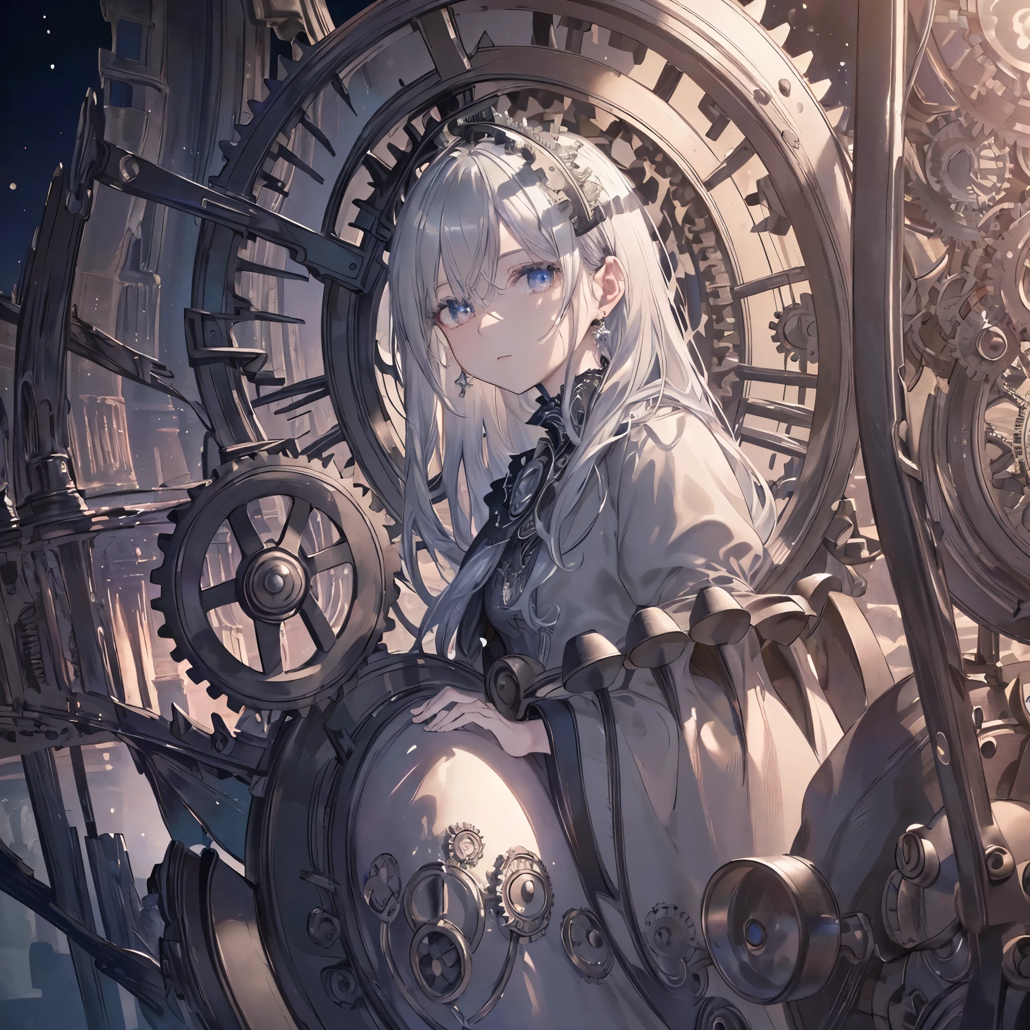 High definition RAW color art, Animation,sculptures, silver marble skin, (((Ultra detailed elegant))), Magical atmosphere, (Detailed skin, Texture (Intricately detailed, Fine detail, ultra-detailliert), deep red moonlight, depth of fields, Bokeh, silky touch, beautiful eyes, (darkness castle, Background of cogs lined with gears), hyper detail, mat drawing, looking back