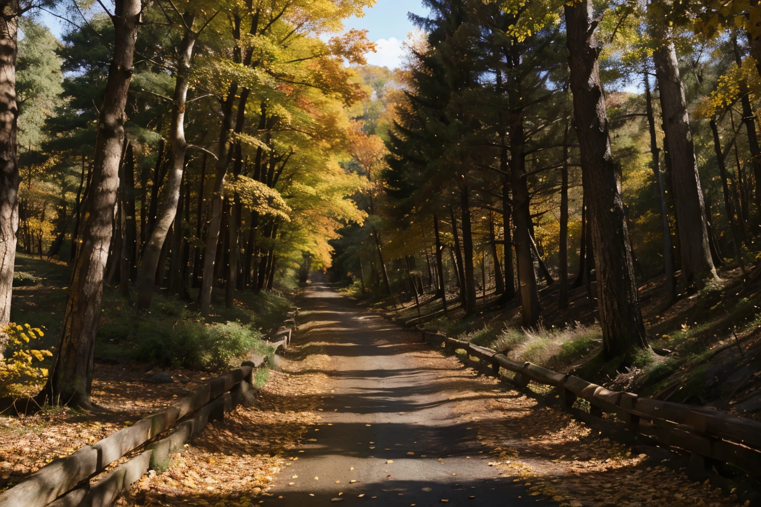 Autumn forest path in the style of Ansel Adam