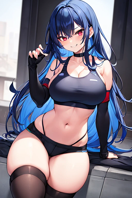 1girl, blue hair, dark blue hair, long hair, red eyes, long hair, ???????, ?????????????, wide ????, thick thighs, sports bra, black sports bra, blue trim, shorts, highleg panties, fingerless gloves, black thighhighs, thighhighs, gloves, highleg, smile, smirk, smug, gym