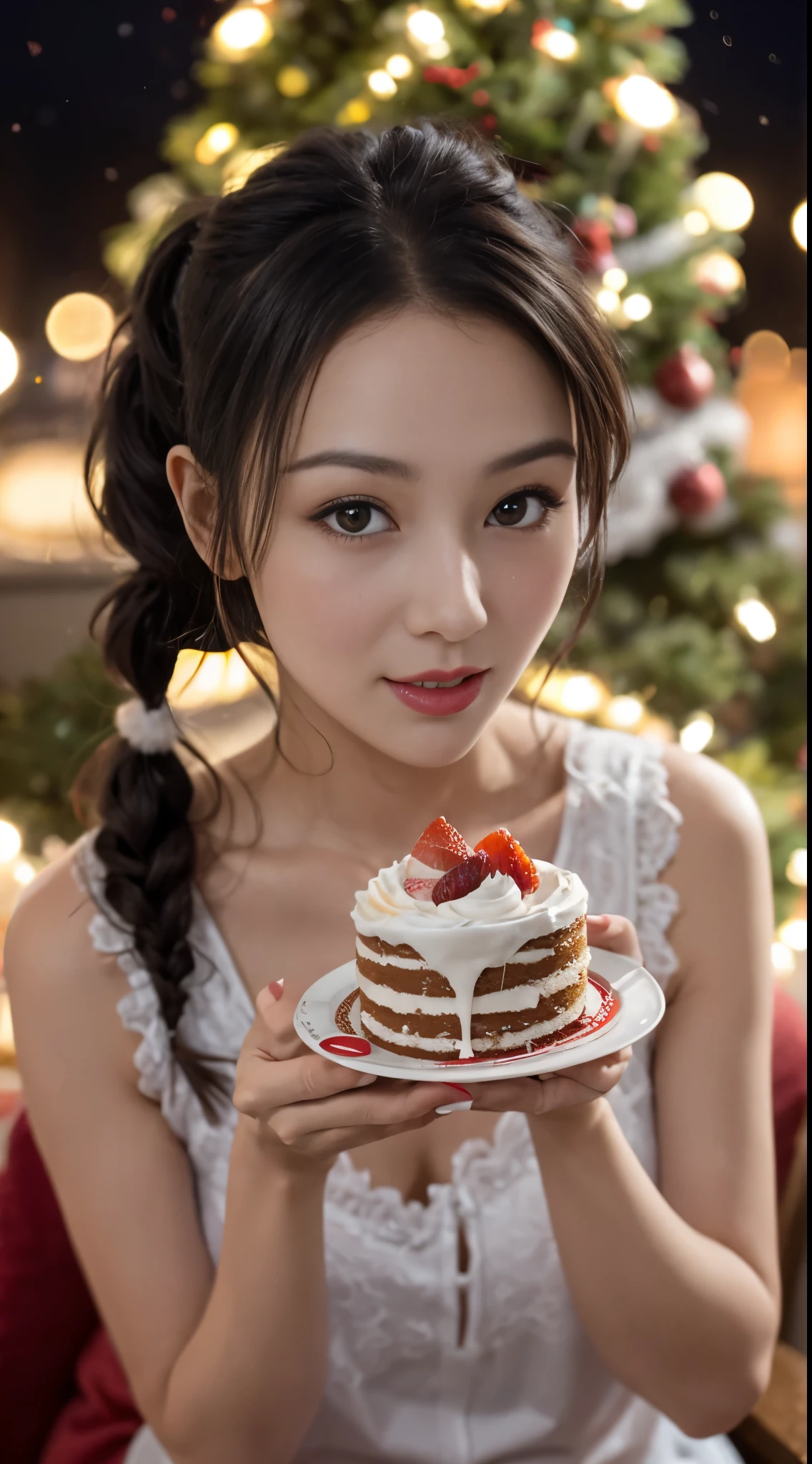 santa girl eating cake、red titi、see -through、White fur、Santa Girls、top-quality、Night Background、Christmas tree、bokeh dof、top-quality