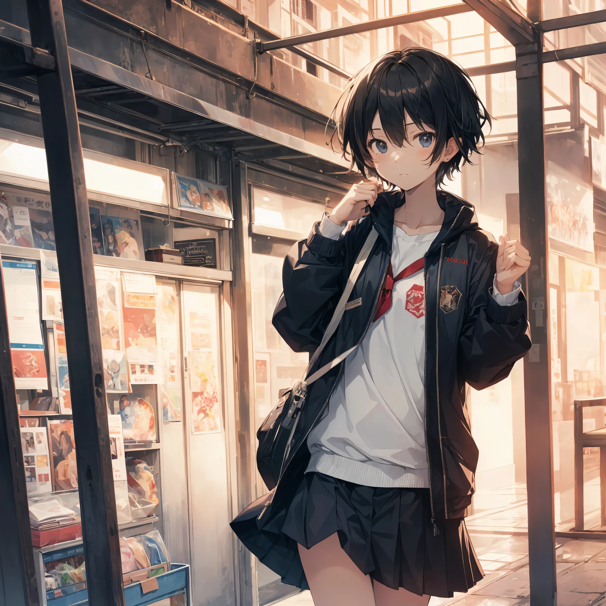 Super high quality by the art god, Ultra-detailed, High resolution, Shinkai Makoto style, anime moe art style, best anime 8K konachan wallpaper, Pixiv Contest Winner, Perfect Anatomy, BREAK,(Please draw a sleepy girl going to school alone.. ),BREAK, a hyperrealistic schoolgirl, (Solo,Lori,child,13years:1.3),Full limbs, complete fingers,a junior high school student, Androgynous attraction, (Very short hair), hair messy, flat chest, Small butt, groin, Small eyes,Beautiful detailed black eyes, Well-proportioned iris and pupils, disgusted eye, High resolution detailed hair, School uniform, Skirt, On the way to school. BREAK,Ultra-detailed細なスキン, Best lighting by famous artists, 8K,Cute illustration,