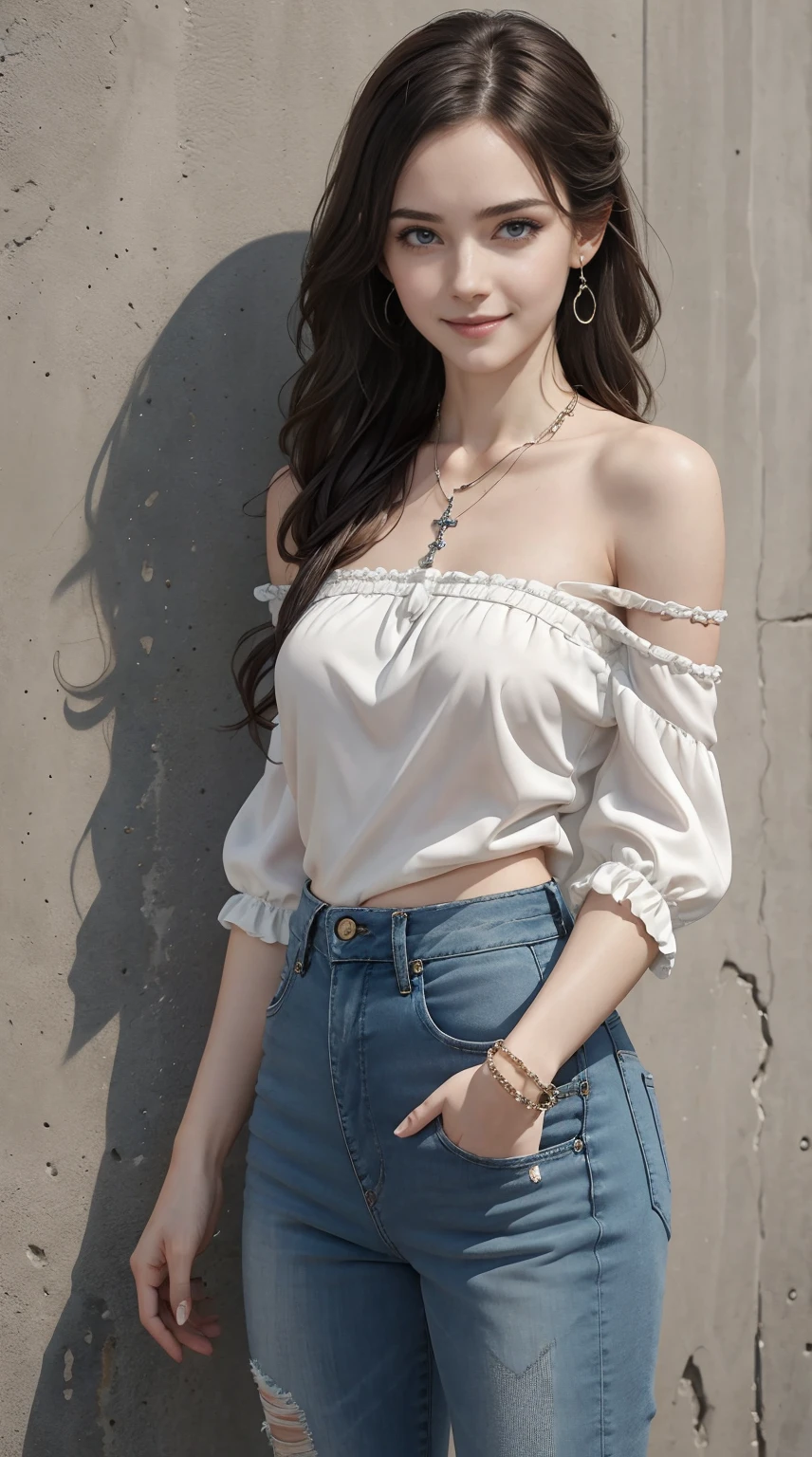 26 year old white woman、Hair is brunette、Eye color is blue、Longhaire、Slender but well-proportioned muscular body、She is wearing a frilly one-shoulder top.、wearing skinny jeans、wearing a rosary necklace、accessories on the wrist、setting hair、a smile、I have a clutch bag、I am in front of a wall with wall art written on it.、I'm so excited、I'm pulling my hair up、