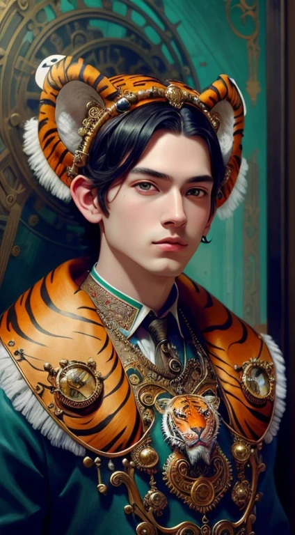 Best Quality, Masterpiece, Super High Resolution, (Realism: 1.4), absurdress, cinema light photos of mechanical boys), 1 boy, (anatomically correct),(a handsome) Decorating clothes with a tiger pattern, shapely body, roto [Orange: Pink: 0.5] subject,  Long hair, (Tiger ears), Orange eyes, Delicate headdress, (Koh_Emberherd:0.9), Extremely detailed face, Fantasy sci-fi creatures, surRealism, steampunc, intricate design, Extremely detailed, exquisite details,