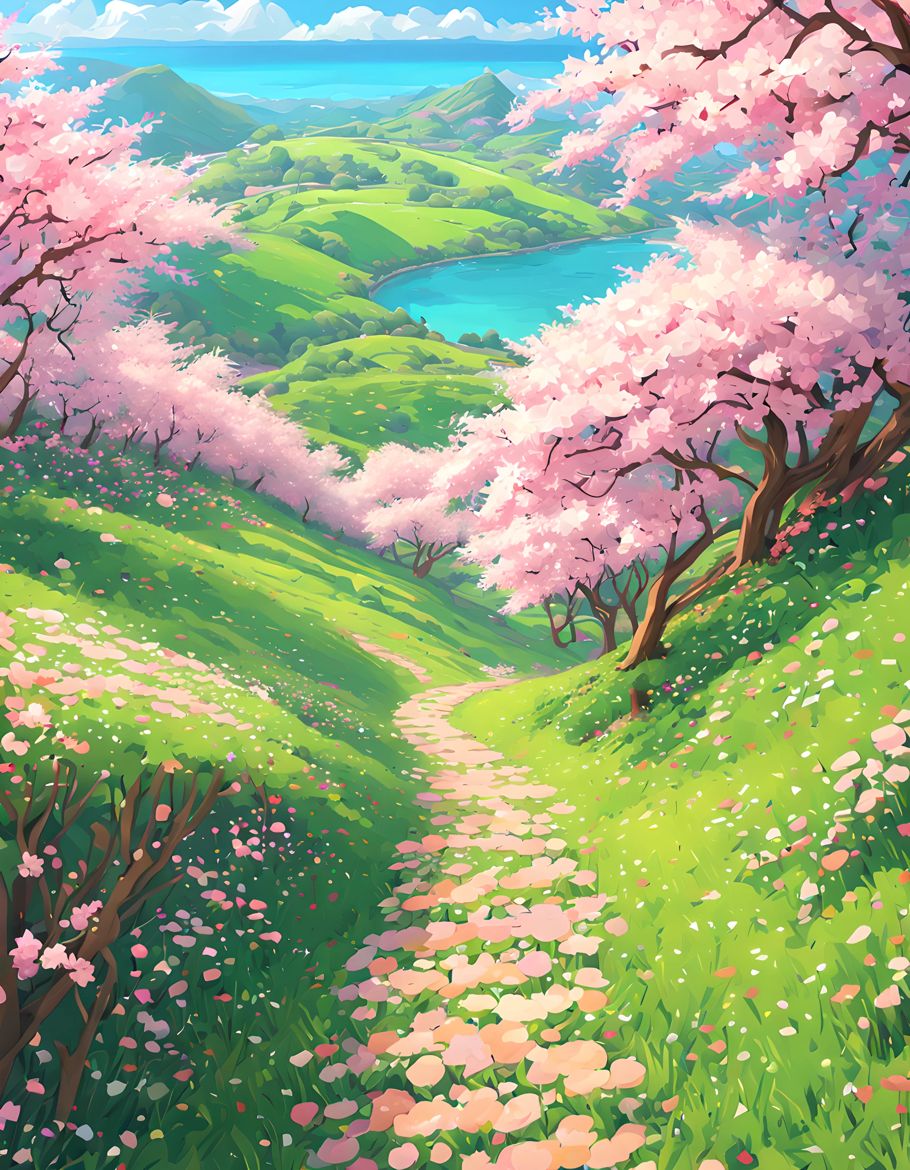 a painting of a path through a lush green field, by sylvain sarrailh, pixiv contest winner, digital art, cherry blossoms in the wind, hills and ocean, 8 k cartoon illustration, perfect spring day with, pop japonisme 3 d ultra detailed, 4 k vertical wallpaper