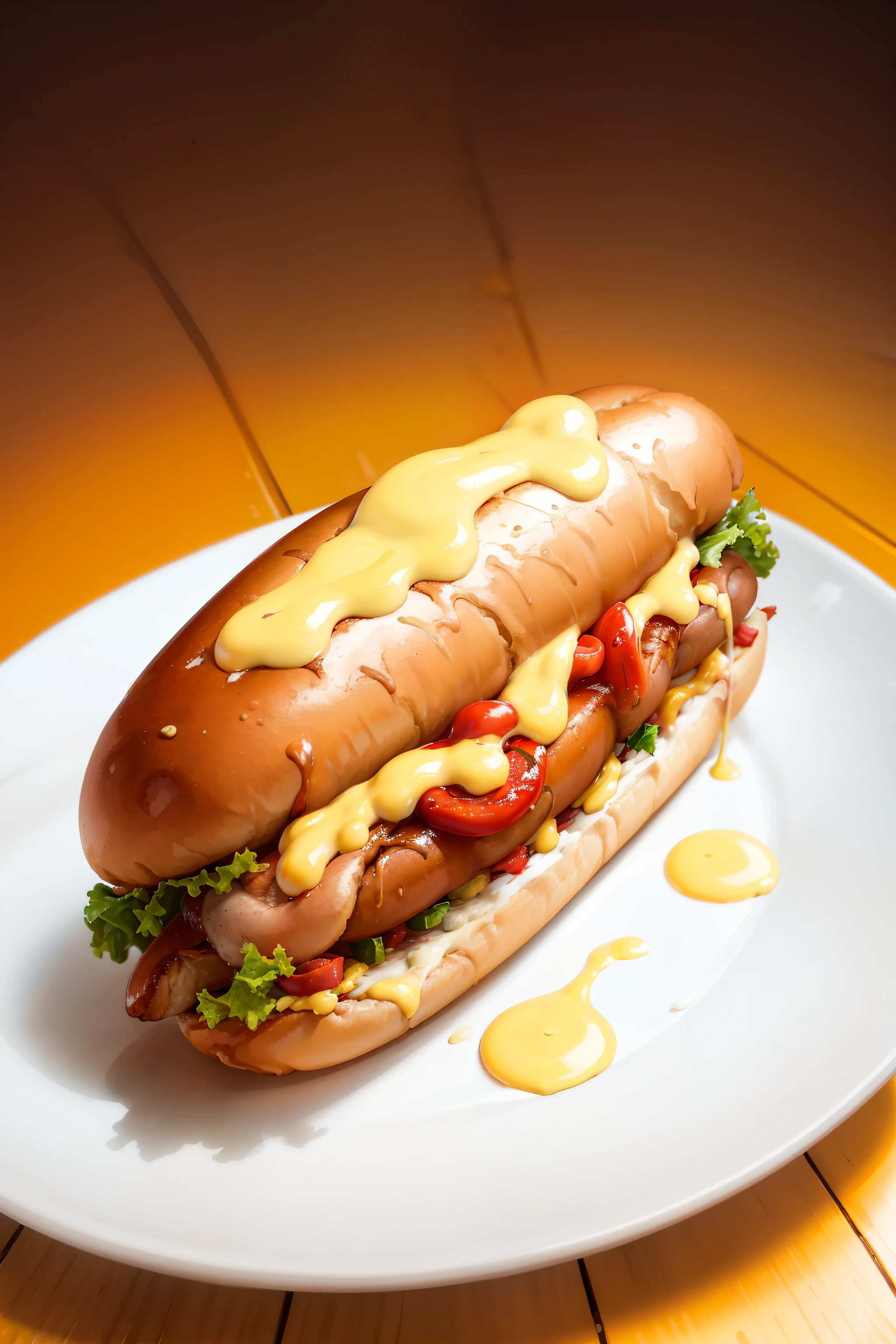 masterpiece, high quality, best quality, hot dog, ketchup and mustard, foodphoto,