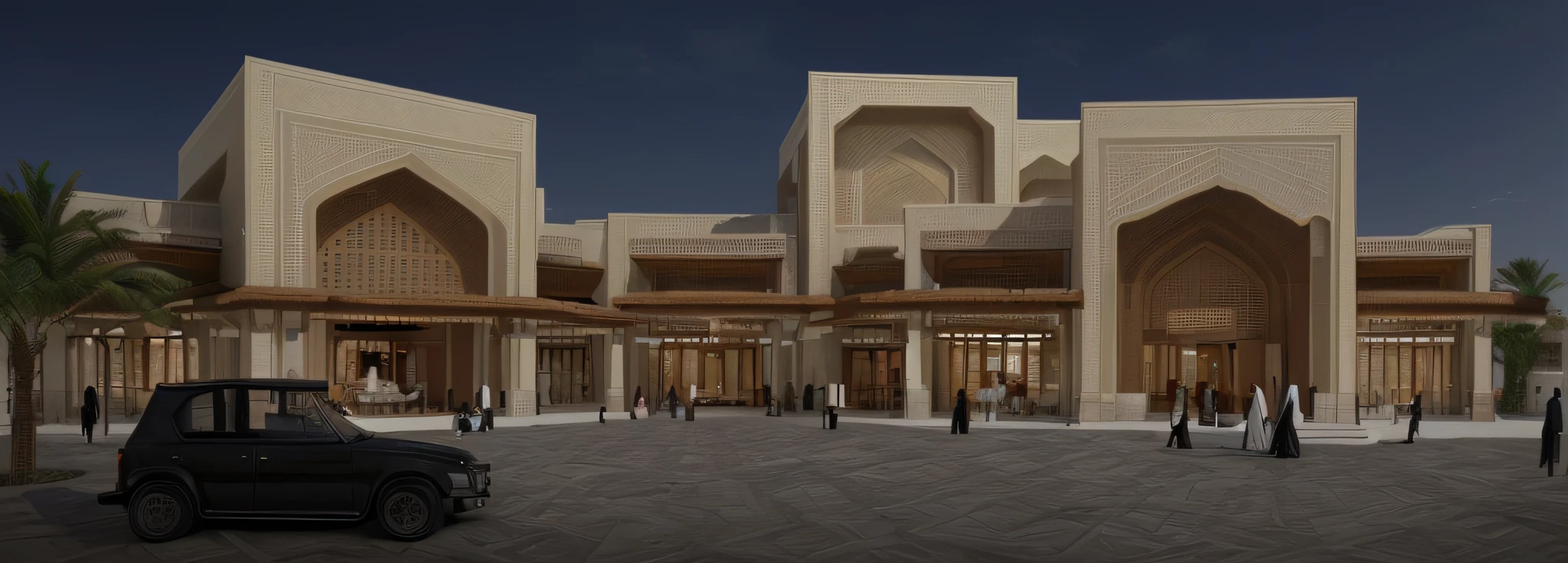"Envision and describe a modern Islamic architectural masterpiece that seamlessly incorporates restaurants within its structure. Generate a detailed depiction of the building's design, emphasizing the fusion of traditional Islamic architectural elements with contemporary aesthetics. Explore how the restaurants are integrated into the building, considering spatial arrangements, use of materials, and the overall ambiance. Highlight the cultural and aesthetic influences that define the Islamic architectural aspects of the structure, and delve into how these elements enhance the dining experience within the modern restaurant spaces. Consider the building's role within the environment and its contribution to the evolution of Islamic architecture in contemporary settings."