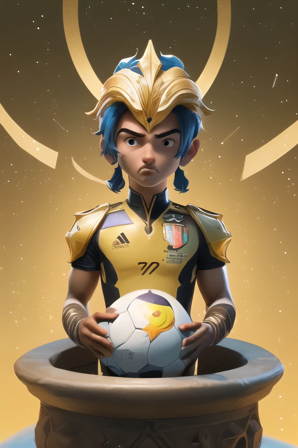 a estrela do futebol internacionalmente aclamada, is known for his extraordinary achievements, including several Ballon d'Or wins and score skill record. Com um comportamento reservado e humilde, is a dedicated team player, showing unparalleled ball control skills, Dribles, clinical passes and finishes.uma imagem de um videogame com a imagem mateus 9 5, vale encantado, arcanjo, with saint's halo, Paladino Santo, Corvo Attano, estrela, propaganda metacentrista pele bronzeada, necessidade