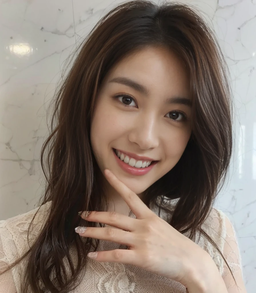 (On a table, Best quality, realistically, ultra - detailed, meticuloso, A high resolution, 8k wallpaper), Close-up portrait of a beautiful woman, Chariada, Smiling, light brown messy hair, Perfect dynamic composition, 美丽meticuloso的眼睛, Just like the cover of a fashion magazine, On campus