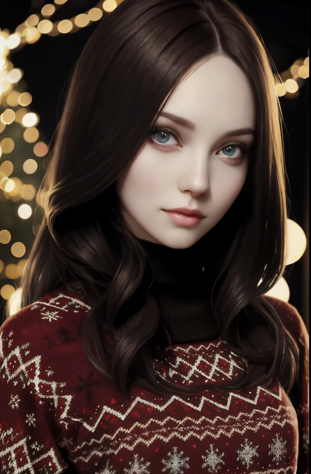 A pale skinned woman , slender build with long black body wave hair, brown eyes wide pupils, wearing a happy holidays ugly Christmas sweater wrapped in Christmas lights. Symmetrical body, portrait, cinematic lighting, high contrast, partition, character concept art,