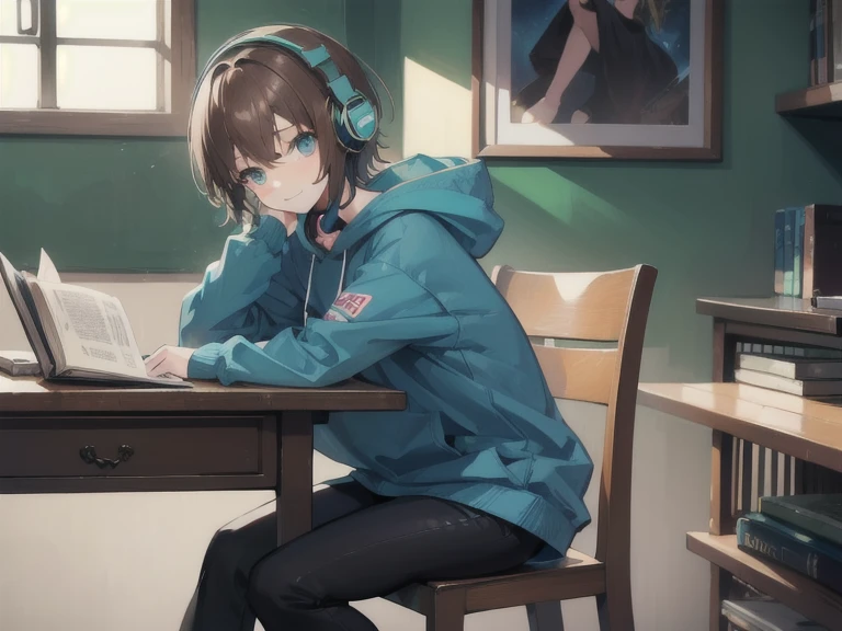 Masterpiece, best quality, 1 girl, brown short hair, blue eyes, detailed eyes, wear green hoodie and black pants, sitting on a chair, in the room, lofi girl, lofi hip hop, in the table, headphones on her head, reading a book, smile