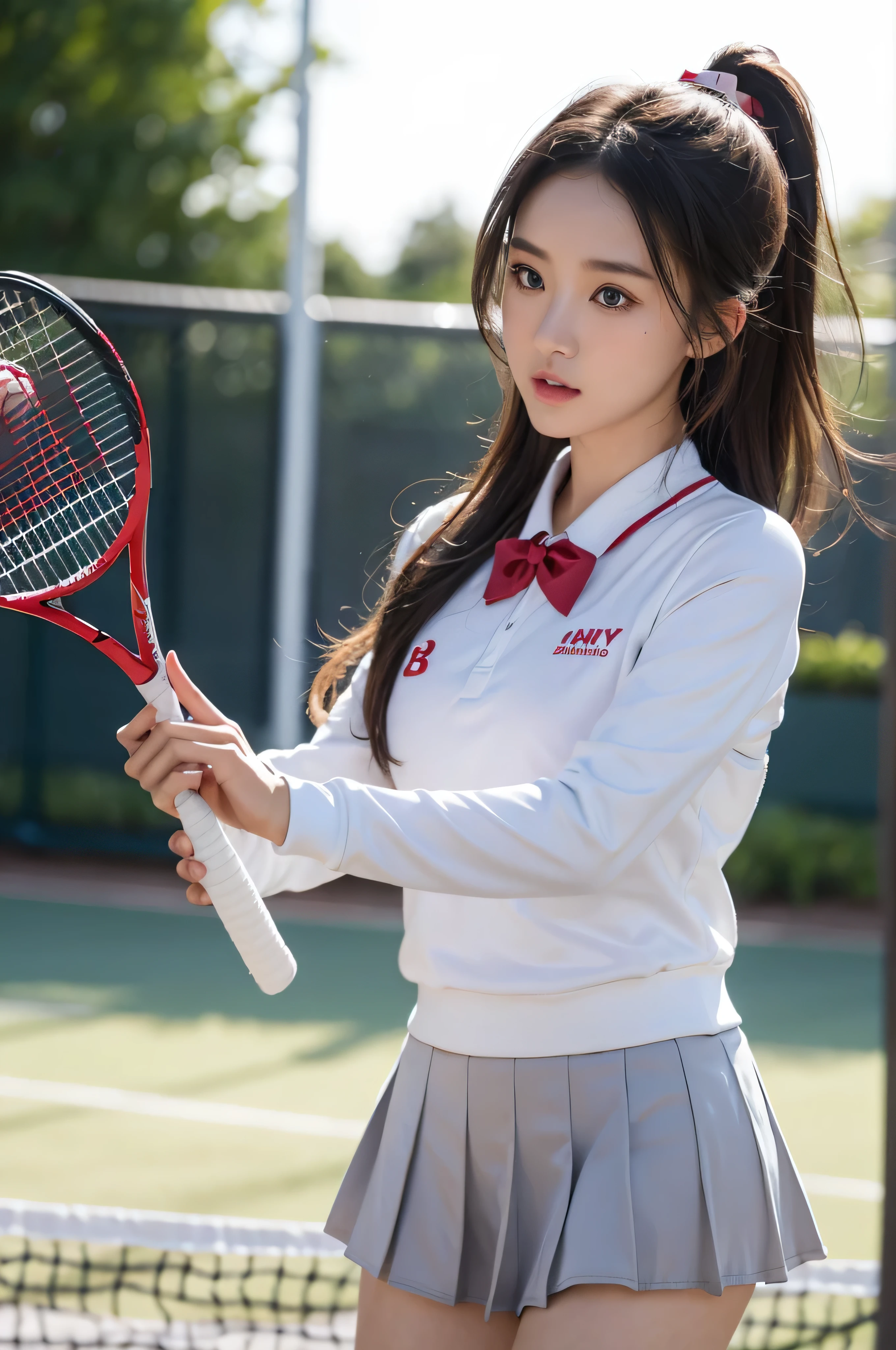 Official art, Unity 8k Wallpapers, ultra-detailliert, masterpiece, top-quality, 1人の女性, (ighly detailed),(Raw photography、top-quality)、(realisitic、Photorealsitic:1.3)、high-detail、顔のultra-detailliertな複雑な3Dレンダリング、(ighly detailedな肌:1.2)、dynamic ungle, Fireglow effect, profetional lighting, side lights, ciinematic light, 超A high resolution, 8K , film grains,Best Shadows, Particles of light, detailed skin textures, A detailed face, intricate-detail, ultra-detailliert, with light glowing, Looking back、Full body, tennis coat、beauitful face、blurry backround、18 year old beautiful girl、shinny skin、Twin-tailed、beautiful brown hair、Gray eyes、Tie your hair with a big red ribbon、(Tennis Uniforms、Holding a racket、dynamicposes:1.3)、raise arms、dynamicposesの、white panties、