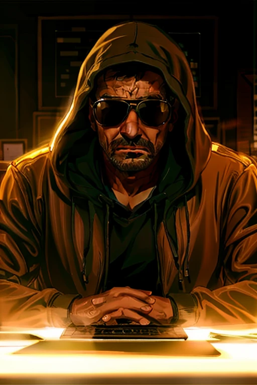 arafed man in a hoodie and sunglasses sitting at a desk with a laptop, sage ( valorant ), pandemic, artwork in the style of guweiz, inspired by Liam Wong, realistic artstyle, atey ghailan 8 k, rossdraws global illumination, in style of atey ghailan, cyril rolando and goro fujita