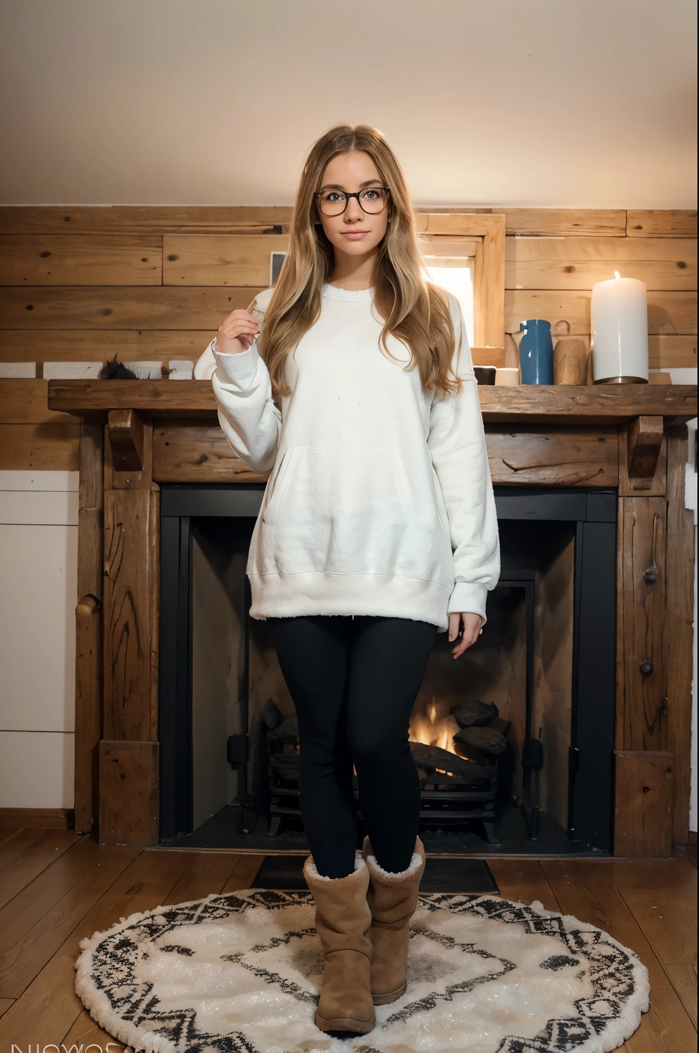 1woman, ombré blonde balayage hair, beautiful blue eyes, freckled face, circle glasses, off-white sweatshirt, seamless black leggings, black leggings, fuzzy faux fur boots, ugg style boots, log fire cabin background, full body portrait, raw photo.